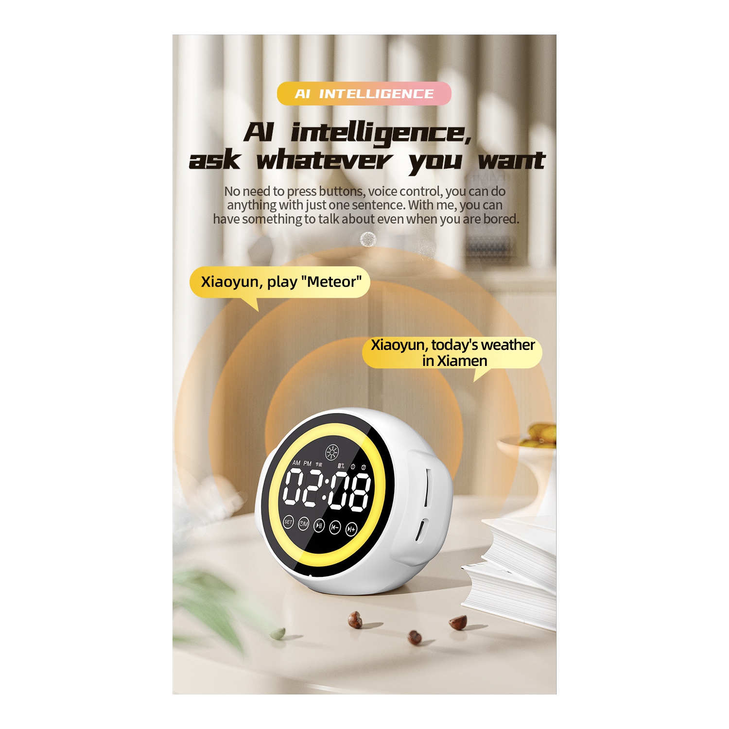 Haut-parleur Bluetooth avec volume élevé et veilleuse, réveille-matin vocal intelligent dormant étudiant avec chargement de carte, adapté pour la