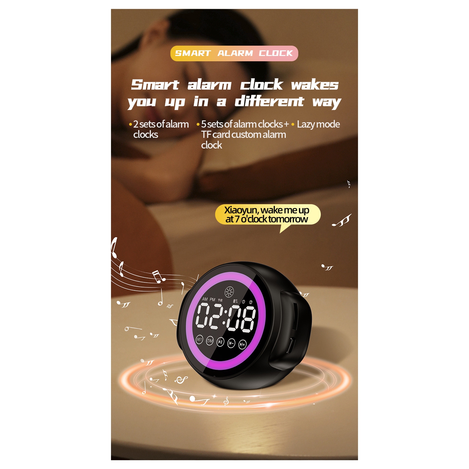 Haut-parleur Bluetooth avec volume élevé et veilleuse, réveille-matin vocal intelligent dormant étudiant avec chargement de carte, adapté pour la