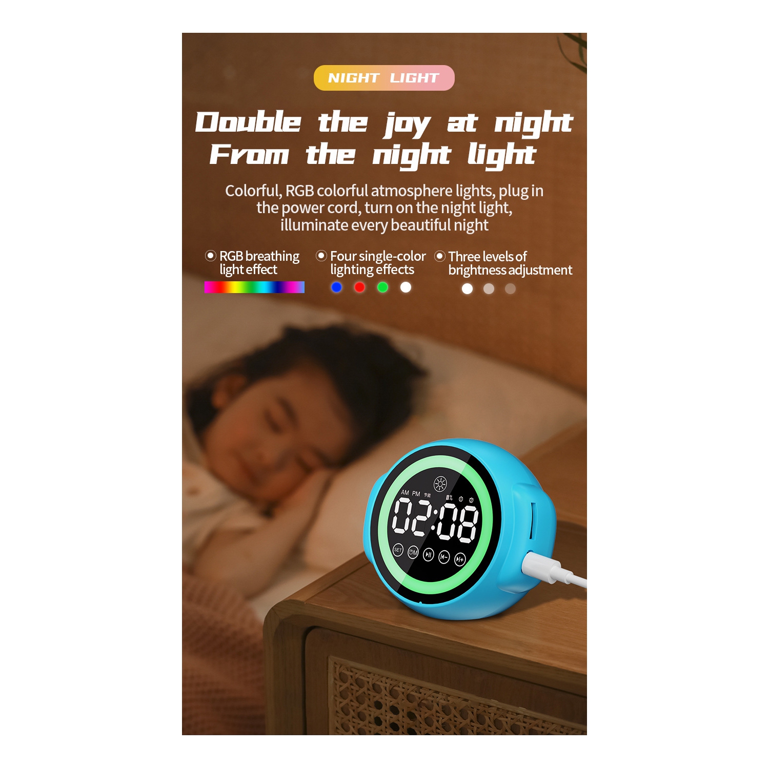 Haut-parleur Bluetooth avec volume élevé et veilleuse, réveille-matin vocal intelligent dormant étudiant avec chargement de carte, adapté pour la