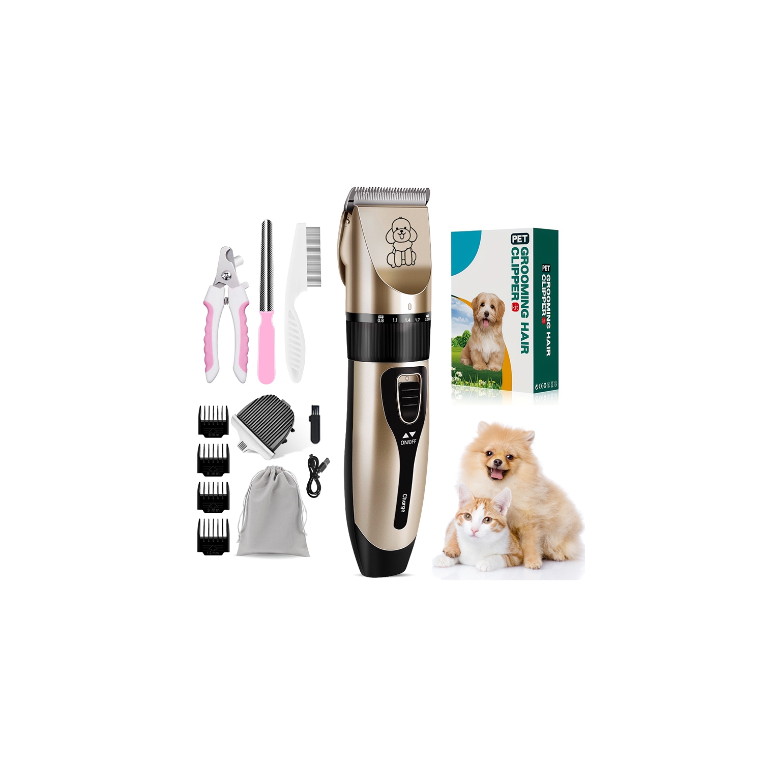 Pet electric hair clipper, dog hair trimmer, cat shaver and hair clipper, low noise electric pet trimmer, gold