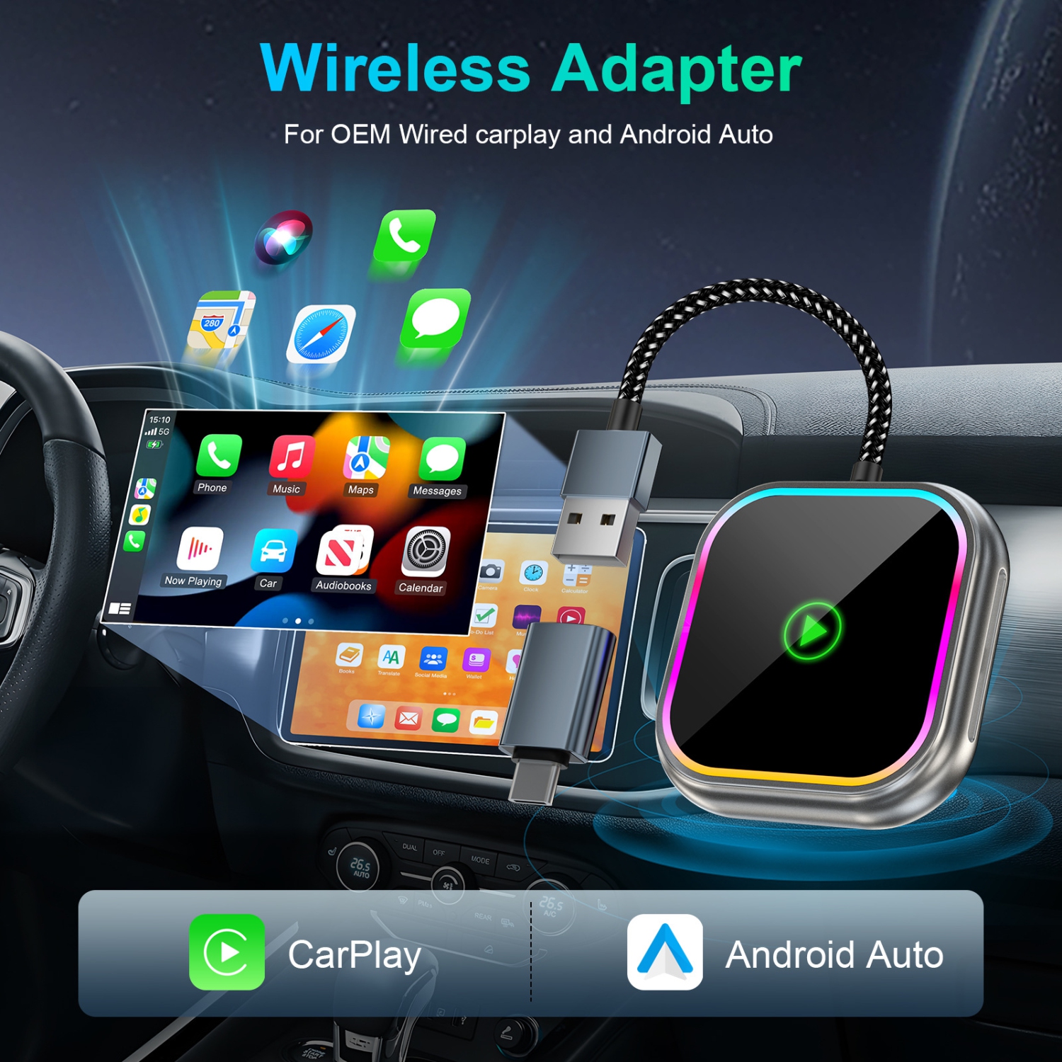 Adaptateur sans fil CarPlay, adapté pour l'interconnexion de voiture intelligente Apple Android Adaptateur sans fil CarPlaysans fil CarPlay+AUTO
