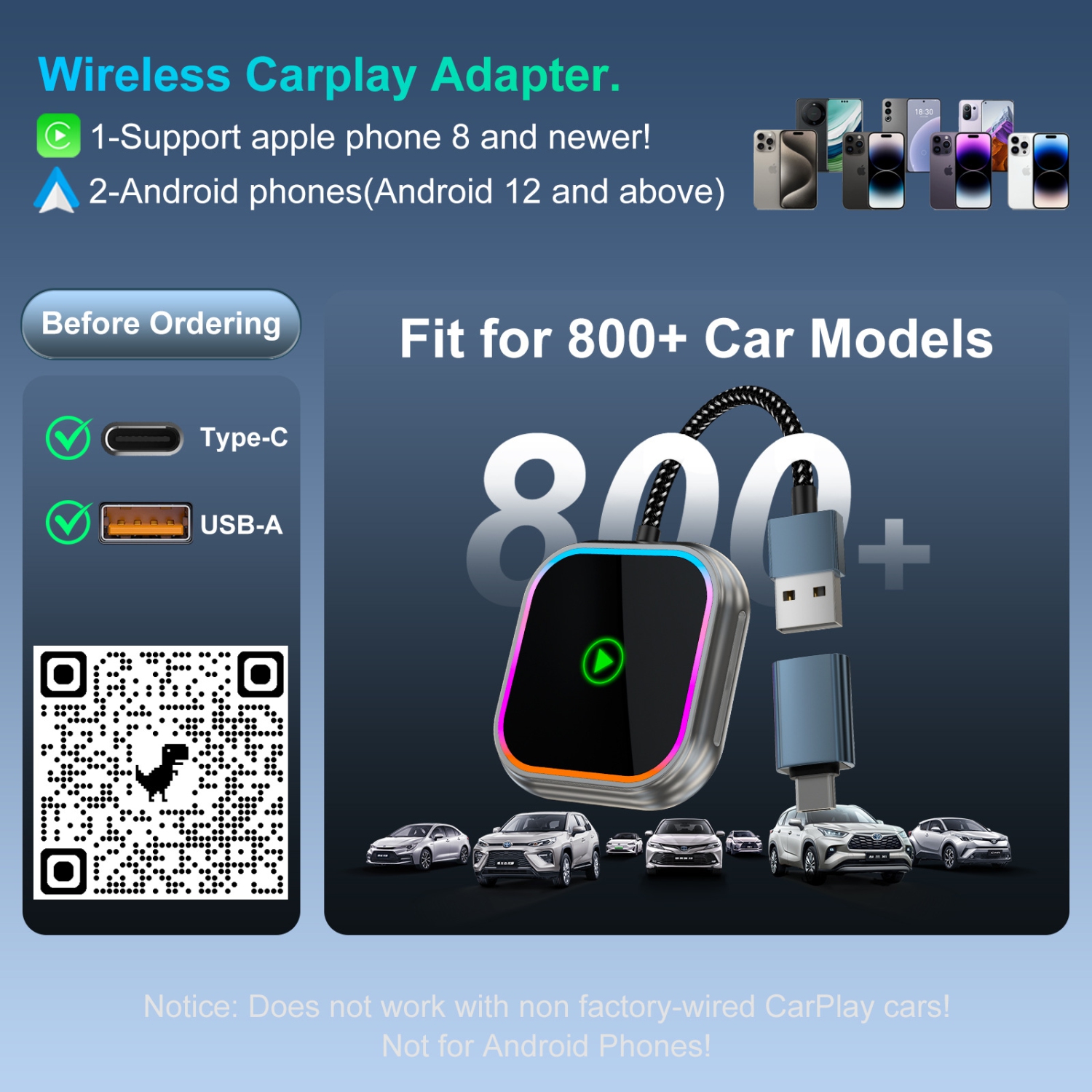Adaptateur sans fil CarPlay, adapté pour l'interconnexion de voiture intelligente Apple Android Adaptateur sans fil CarPlaysans fil CarPlay+AUTO