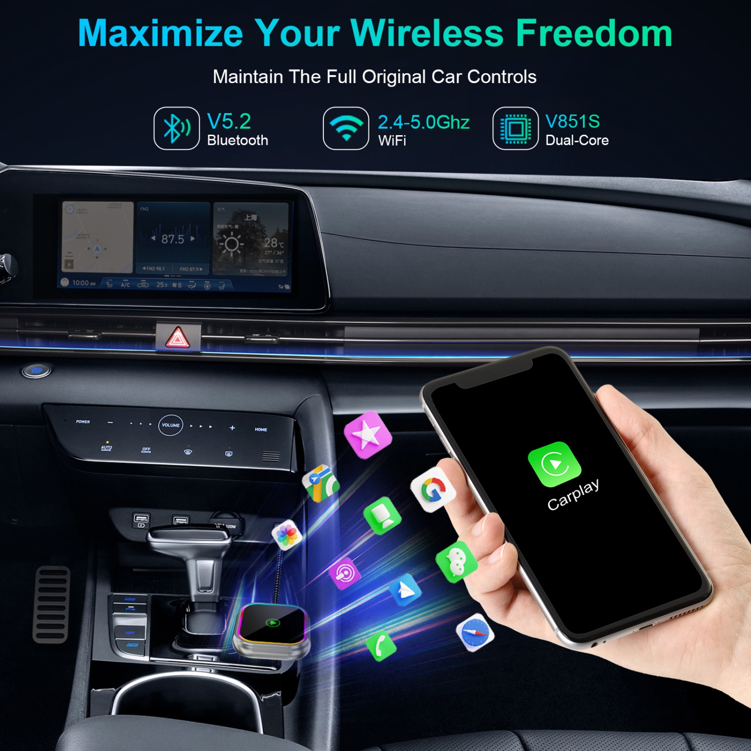 Adaptateur sans fil CarPlay, adapté pour l'interconnexion de voiture intelligente Apple Android Adaptateur sans fil CarPlaysans fil CarPlay+AUTO