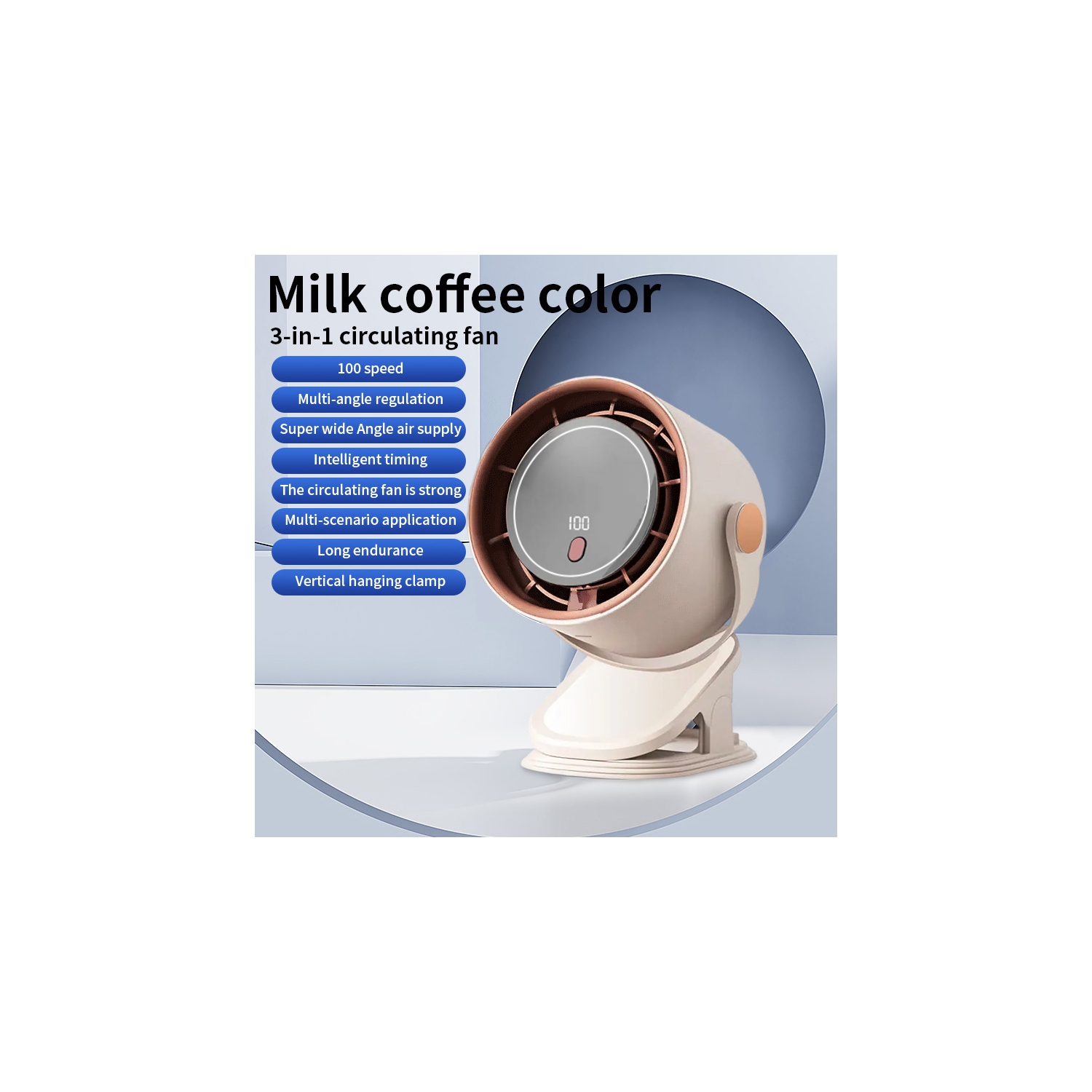 Desktop bladeless fan, USB clip-on portable digital display 100-speed high-speed turbo fan, LED digital power display, 5-speed wind adjustment