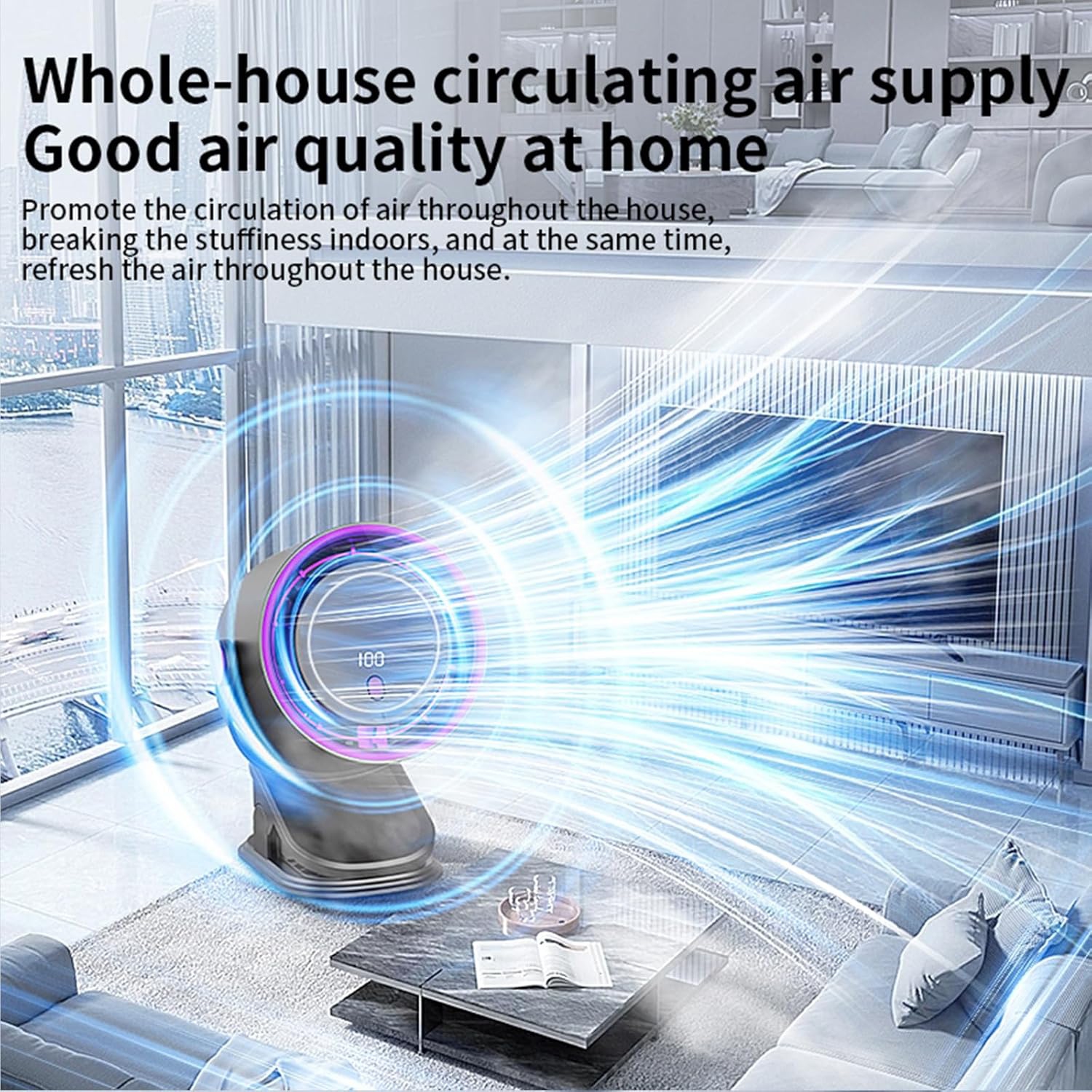 Desktop bladeless fan, USB clip-on portable digital display 100-speed high-speed turbo fan, LED digital power display, 5-speed wind adjustment