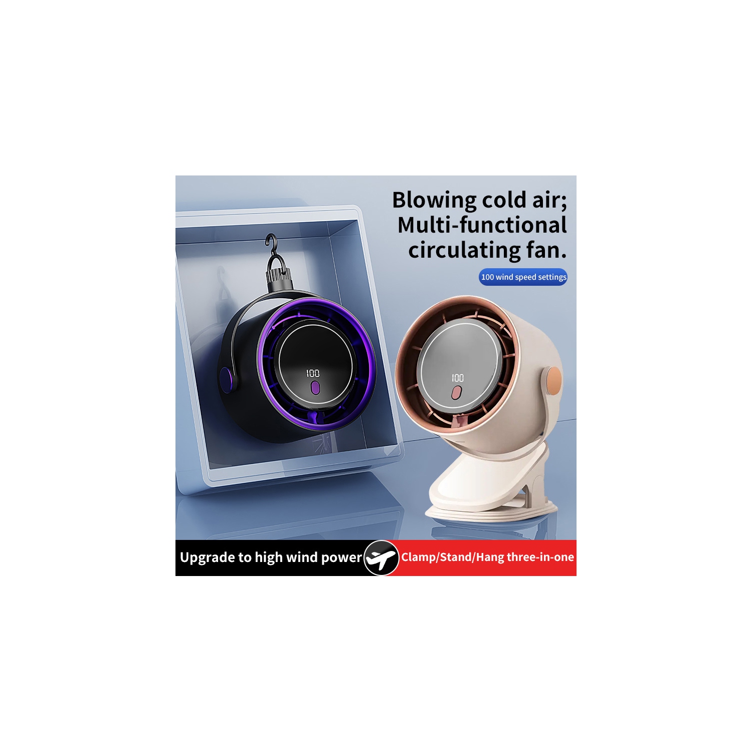 Desktop bladeless fan, USB clip-on portable digital display 100-speed high-speed turbo fan, LED digital power display, 5-speed wind adjustment