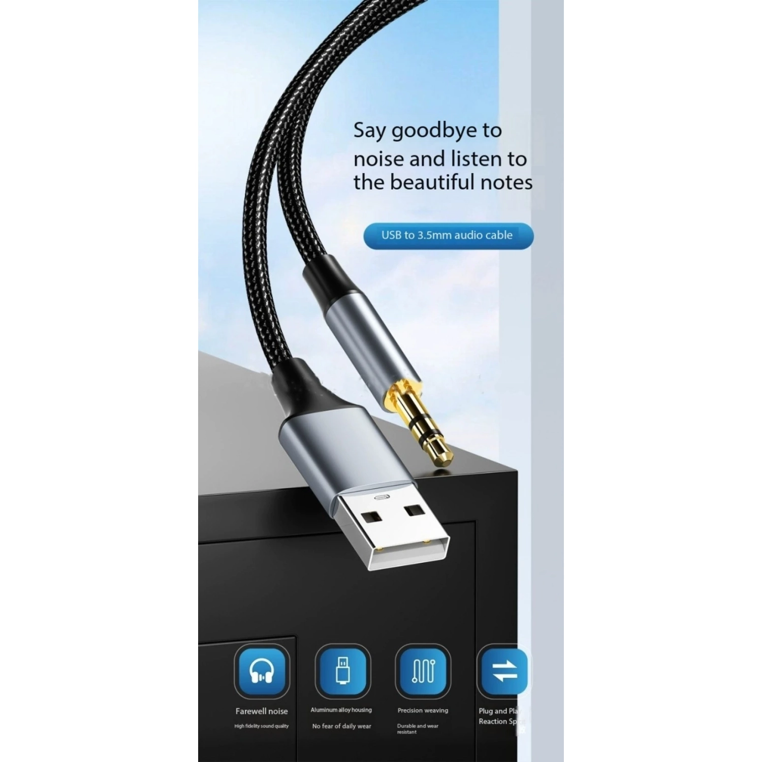 Câble audio USB à 3,5&nbsp;mm, câble de connexion de haut-parleur ordinateur à casque d'écoute Carte son avec adaptateur auxiliaire, [câble audio USB