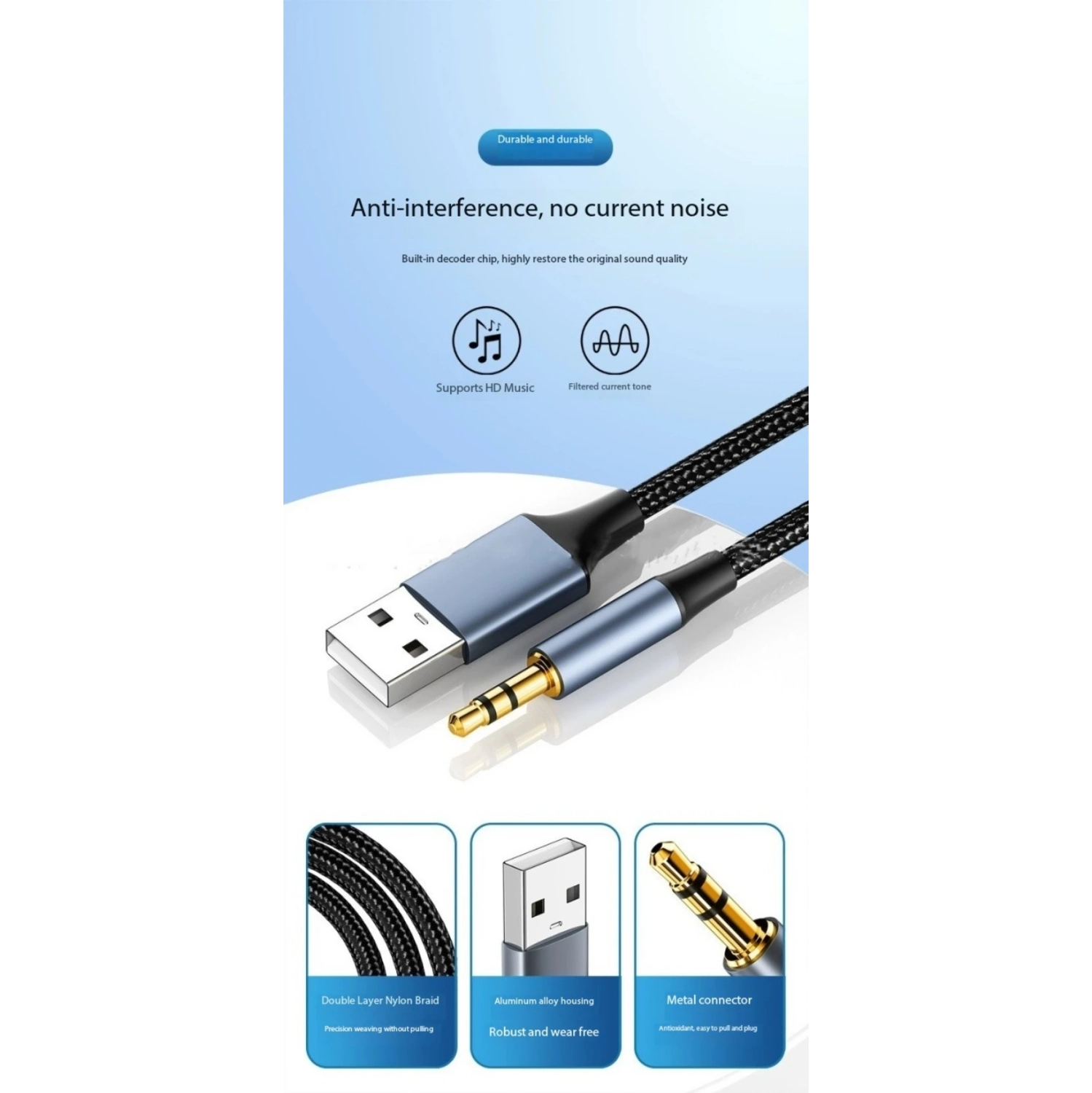 Câble audio USB à 3,5&nbsp;mm, câble de connexion de haut-parleur ordinateur à casque d'écoute Carte son avec adaptateur auxiliaire, [câble audio USB