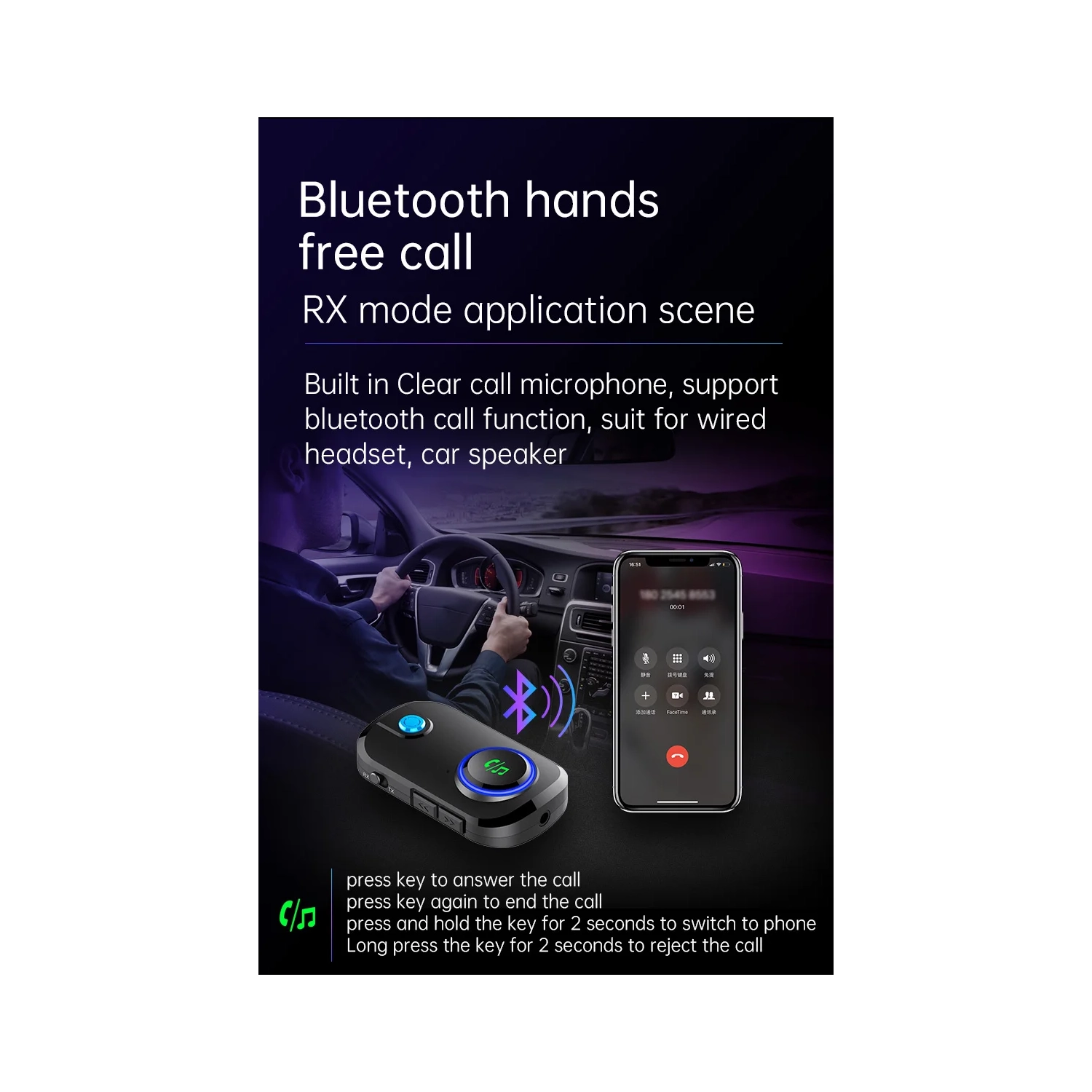 Émetteur-récepteur Bluetooth 5,0 sans fil, adaptateur audio 2-en-1, chaîne stéréo auxiliaire pour l'auto 3,5 mm pour microphone de voiture