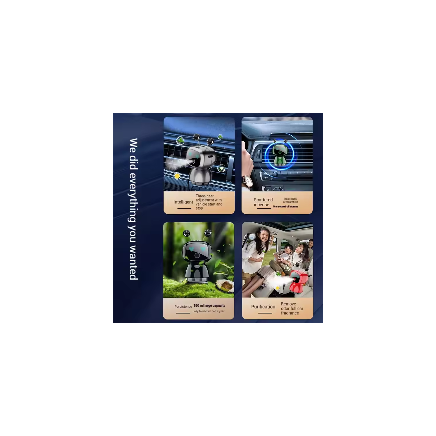 Aromathérapie robot intelligente avec démarrage et arrêt de voiture, vaporisateur parfumé haut de gamme pour la sortie d'air de voiture pour éliminer