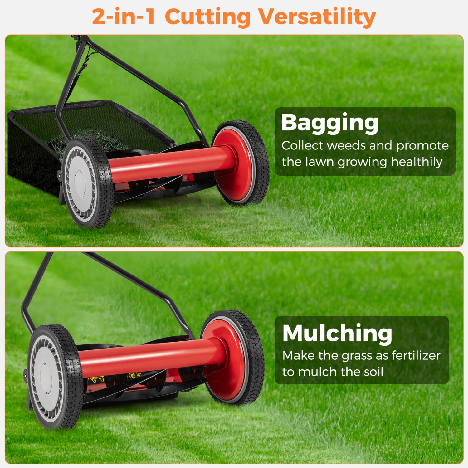Gymax 14'' Manual Reel Mower w/ 5-Blade 6.6 Gallon Removable Grass Catcher for Garden