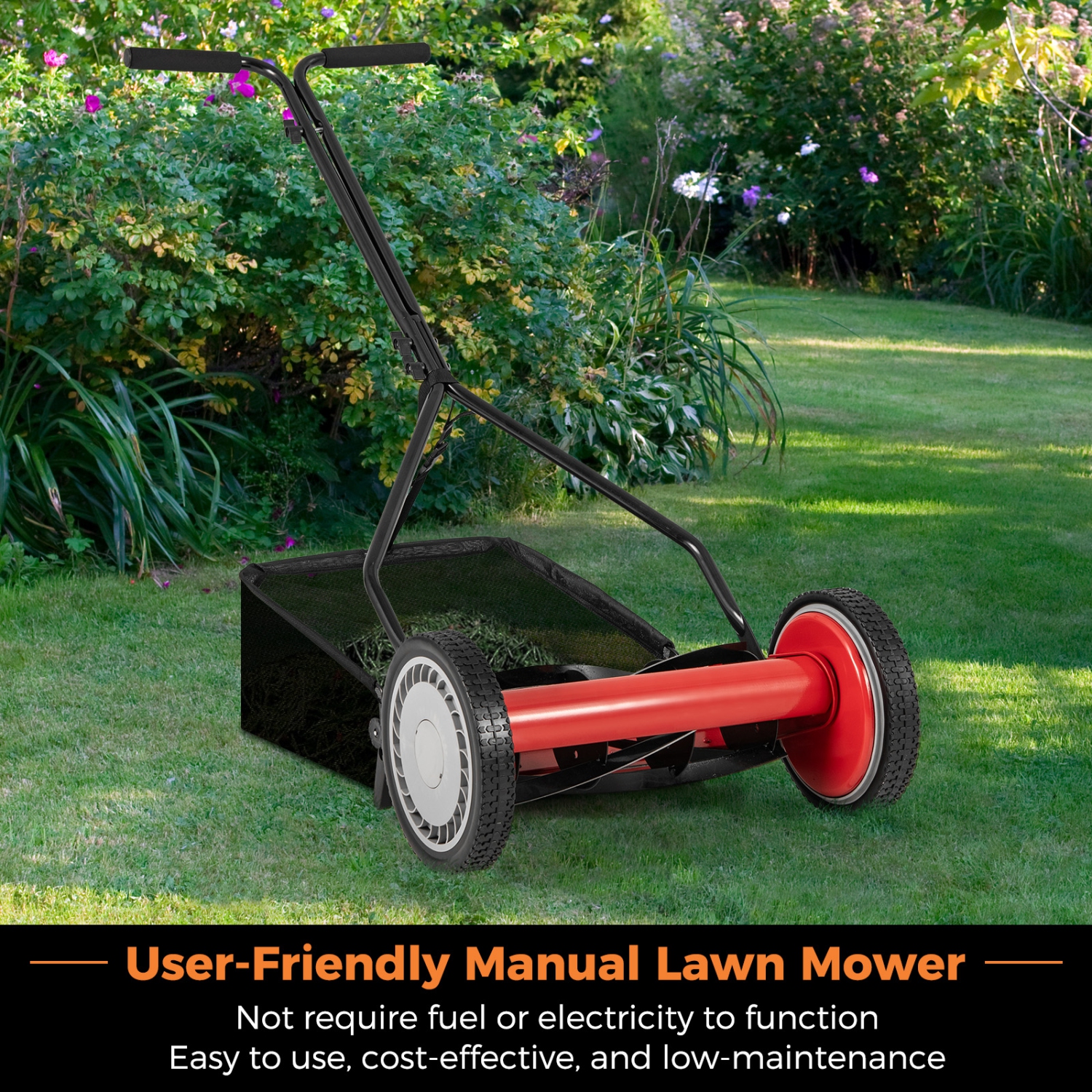 Gymax 14'' Manual Reel Mower w/ 5-Blade 6.6 Gallon Removable Grass Catcher for Garden