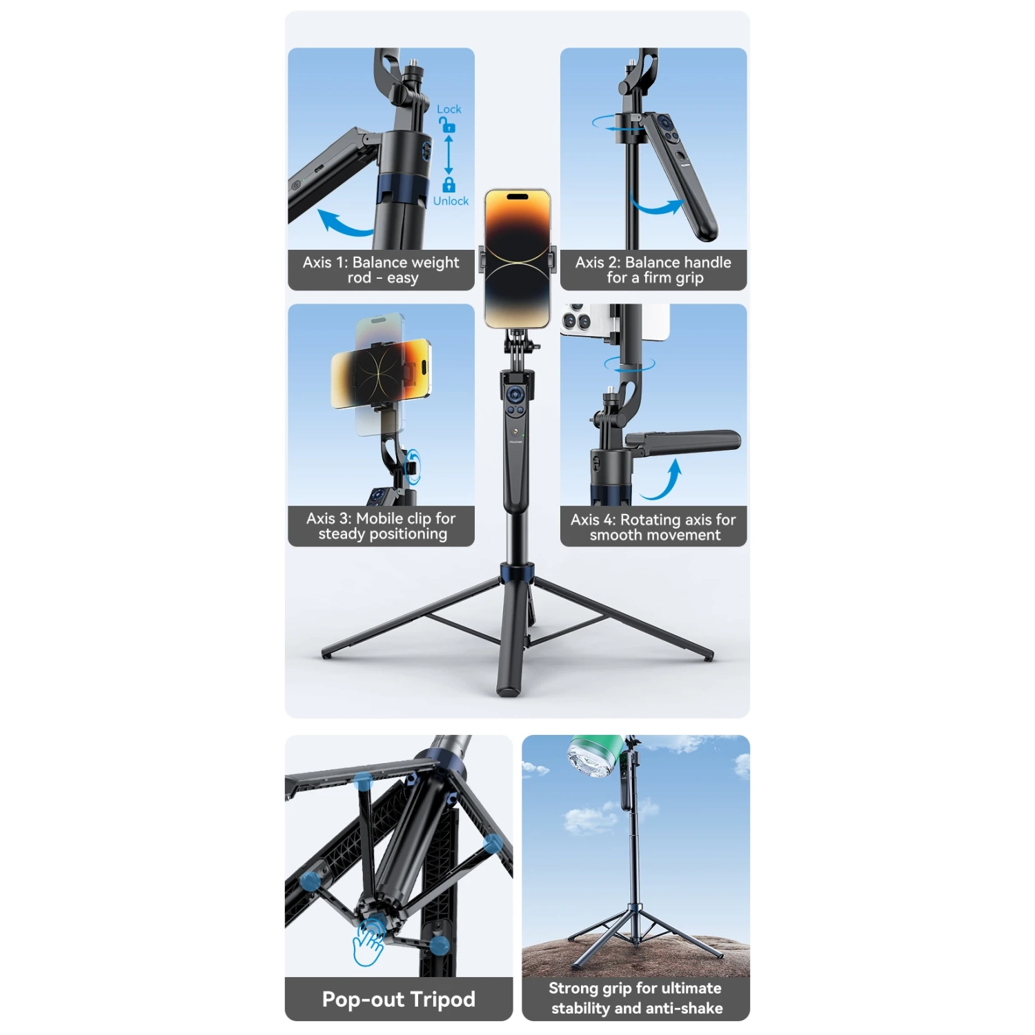70" Phone Tripod,Tripod for iPhone with Fill Light and Rechargeable Remote,Selfie Stick Stand Compatible with Cell Phone/Camera/Ring Light/DJI/GoPro