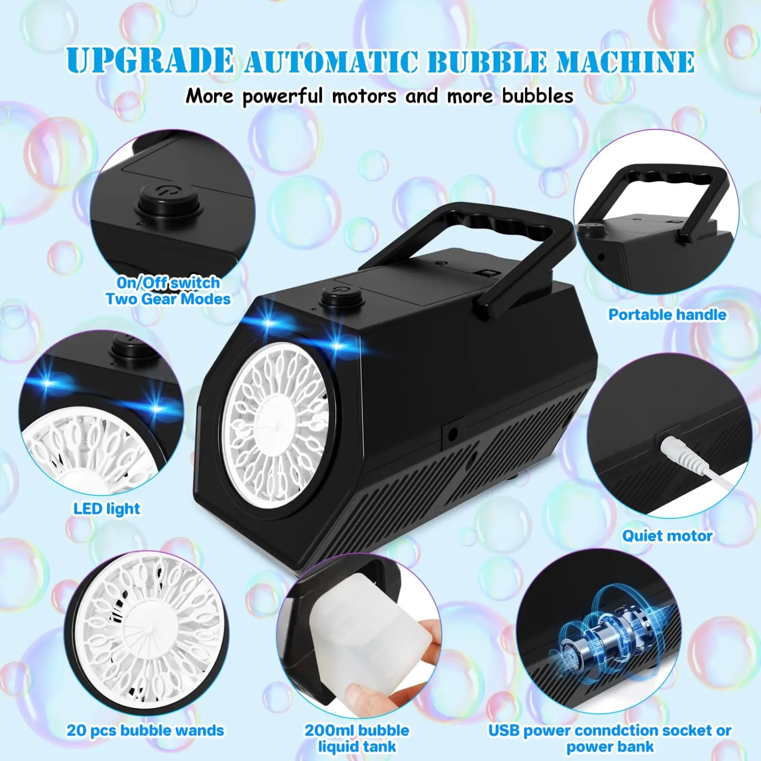 Bubble Machine Portable Bubble Blower with LED Lights 20Holes Bubble Maker for Outdoor/Indoor Wedding Party Birthday Gifts