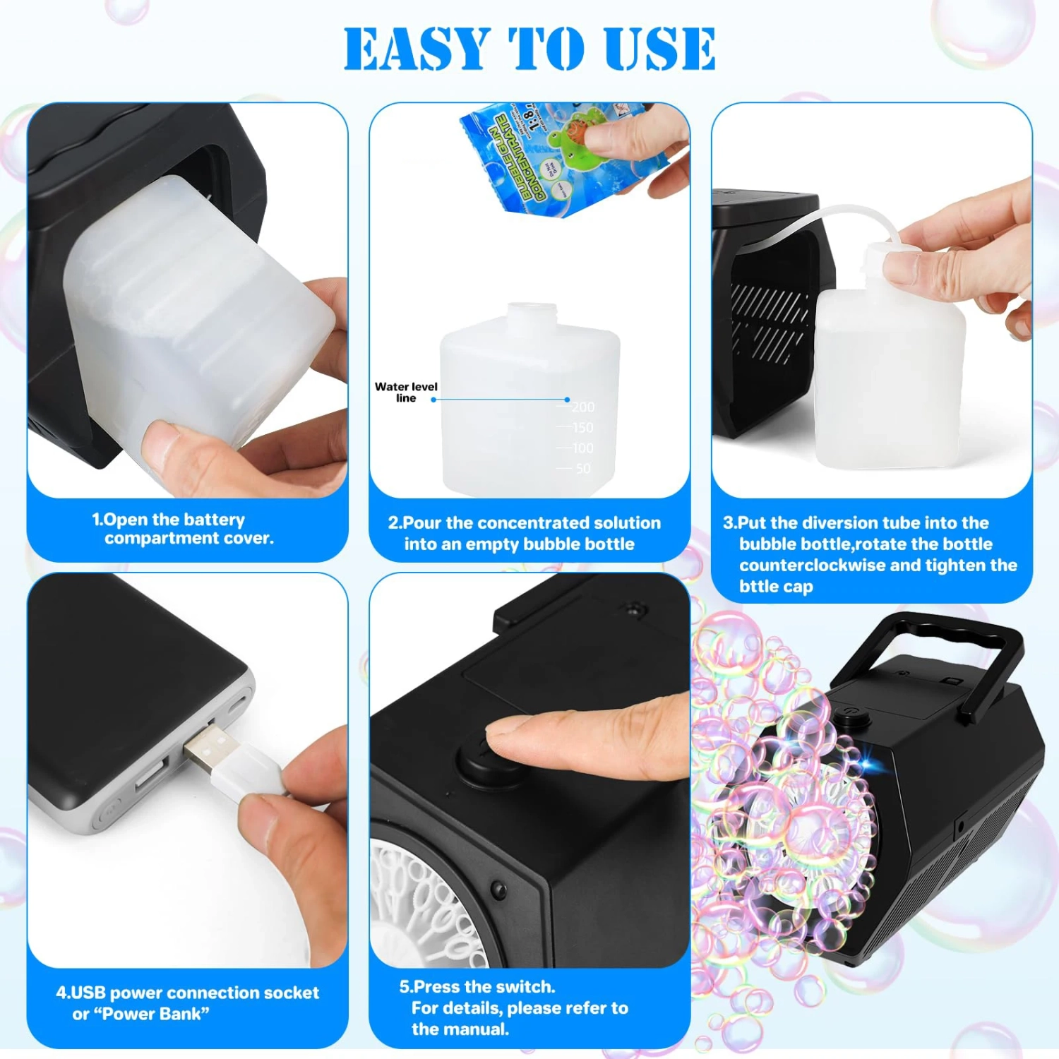 Bubble Machine Portable Bubble Blower with LED Lights 20Holes Bubble Maker for Outdoor/Indoor Wedding Party Birthday Gifts