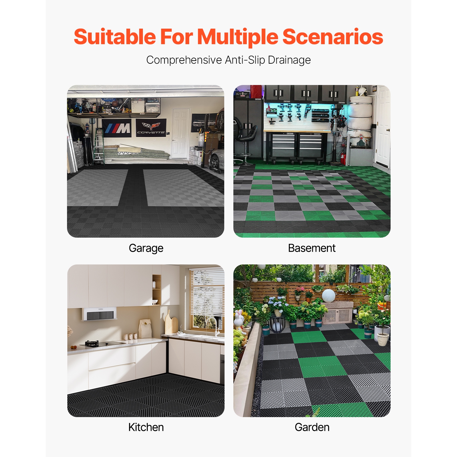 Tapis de drainage imbriqué VEVOR de 15,7" x 15,7", coussin modulaire emboîtable, 24 tapis de drainage épissés, tapis de sol antidérapants en PP noir