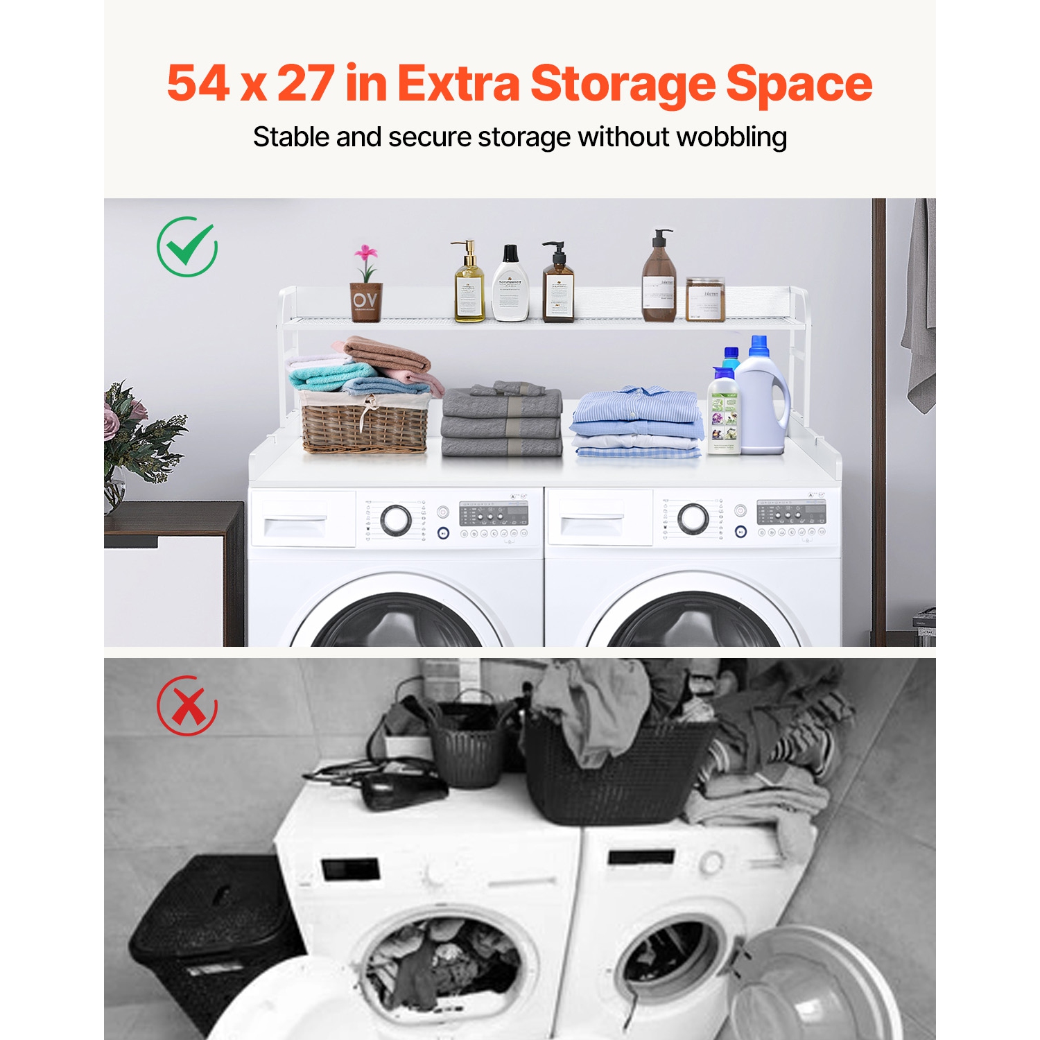 Laveuse-sécheuse de comptoir de 54 x 27&nbsp;po avec tablette à 2 niveaux, comptoir en bois pour laveuse et sécheuse avec tampons antidérapants,