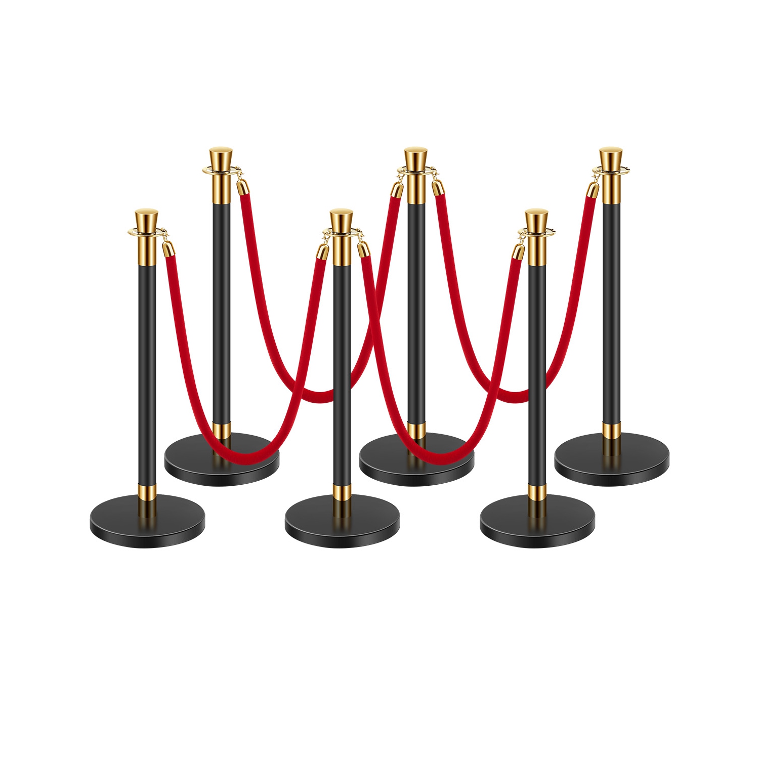 VEVOR 6 Pcs Stanchion Post, Crowd Control Barrier with 4 Red Velvet Ropes, 5 ft Stainless Steel Black Stanchion Post Queue with Sand Injection Hollow