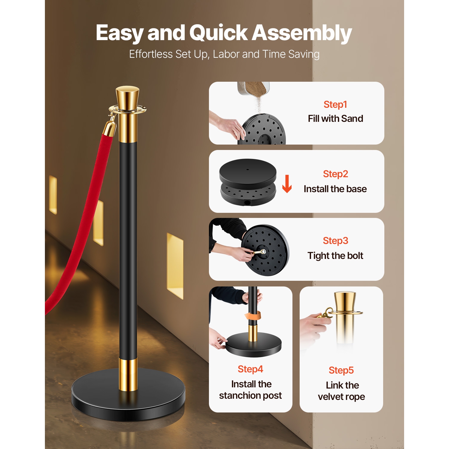 VEVOR 6 Pcs Stanchion Post, Crowd Control Barrier with 4 Red Velvet Ropes, 5 ft Stainless Steel Black Stanchion Post Queue with Sand Injection Hollow