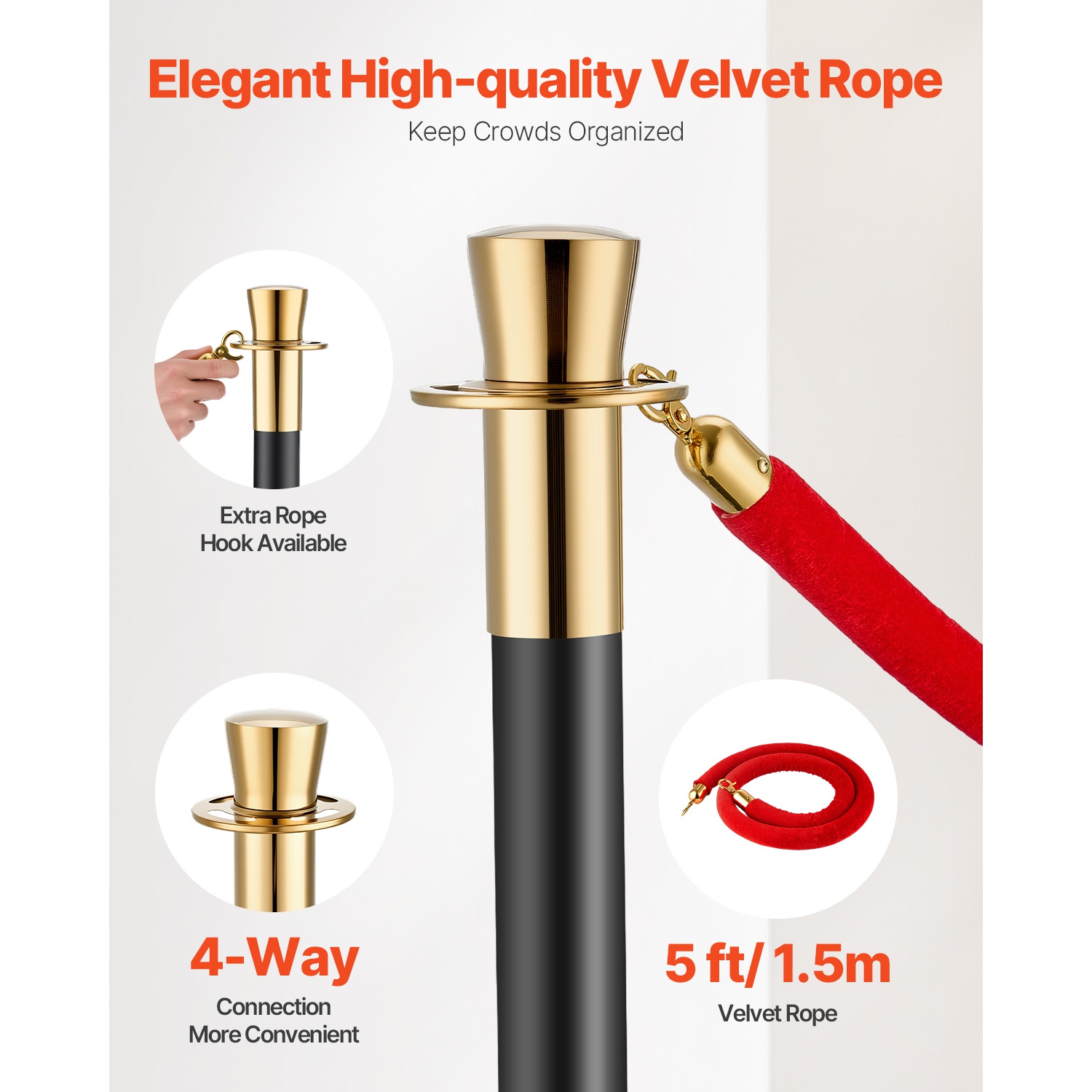 VEVOR 6 Pcs Stanchion Post, Crowd Control Barrier with 4 Red Velvet Ropes, 5 ft Stainless Steel Black Stanchion Post Queue with Sand Injection Hollow