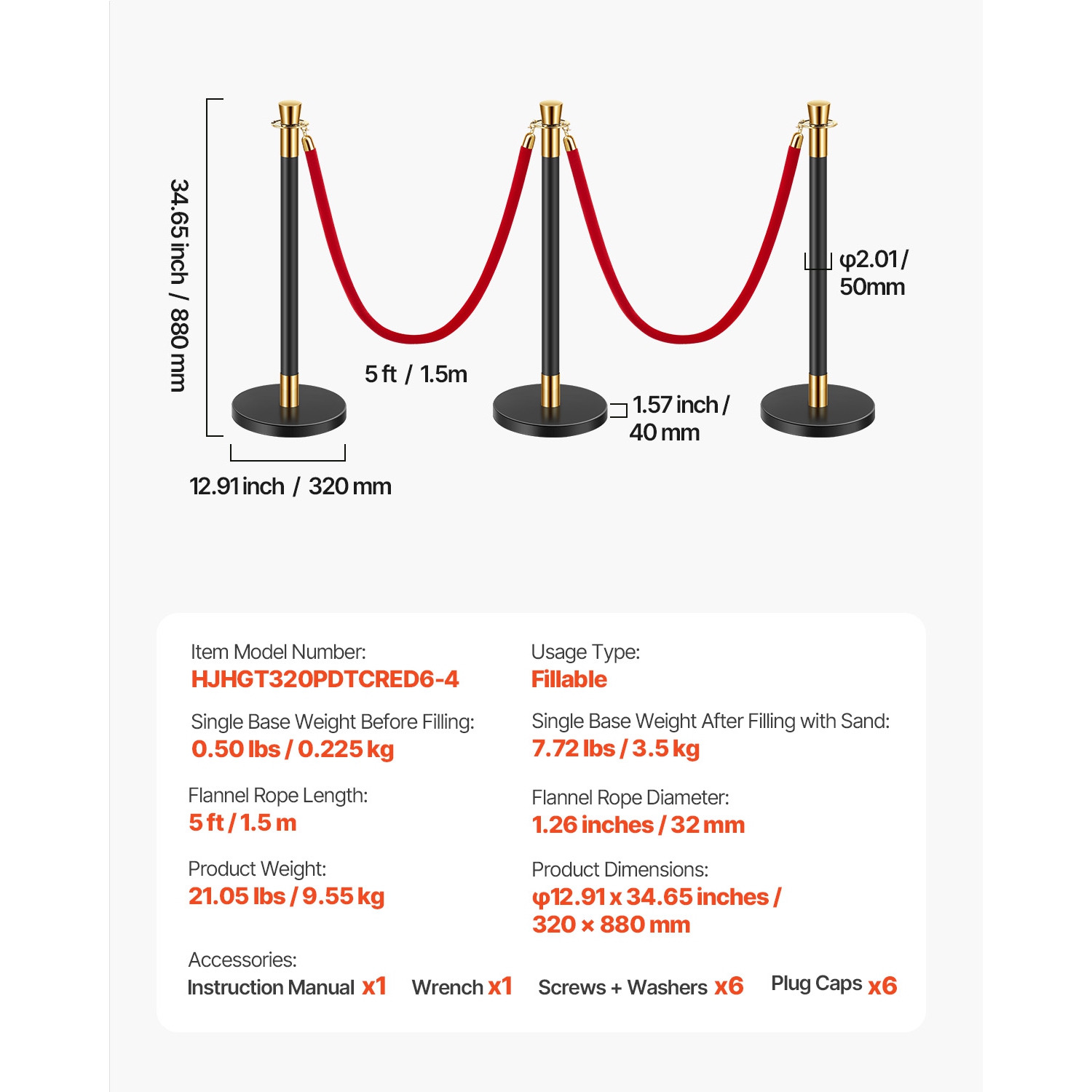 VEVOR 6 Pcs Stanchion Post, Crowd Control Barrier with 4 Red Velvet Ropes, 5 ft Stainless Steel Black Stanchion Post Queue with Sand Injection Hollow