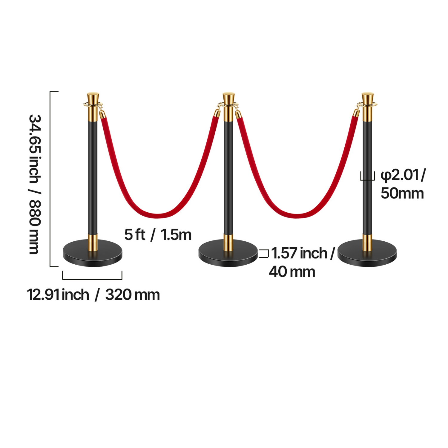 VEVOR 6 Pcs Stanchion Post, Crowd Control Barrier with 4 Red Velvet Ropes, 5 ft Stainless Steel Black Stanchion Post Queue with Sand Injection Hollow
