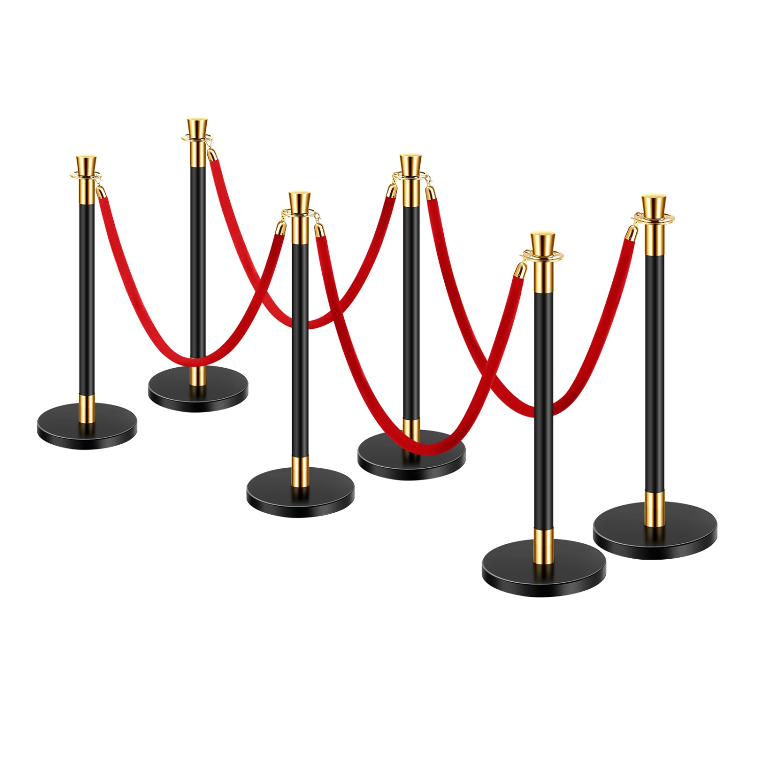 VEVOR 6 Pcs Stanchion Post, Crowd Control Barrier with 4 Red Velvet Ropes, 5 ft Stainless Steel Black Stanchion Post Queue with Sand Injection Hollow