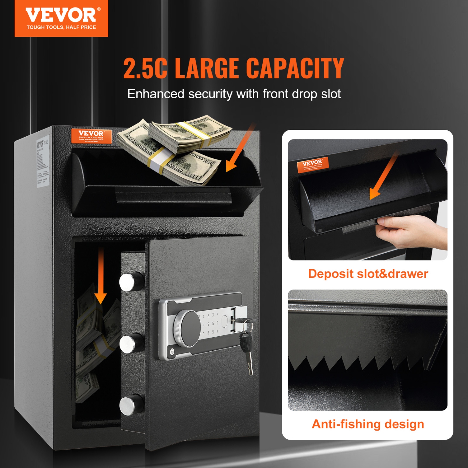 VEVOR 2.5 Cub Depository Safe, Deposit Safe with Drop Slot, Electronic Code Lock and 2 Emergency Keys, 20.27'' x 13.97'' x 13.97'' Business Drop Slot