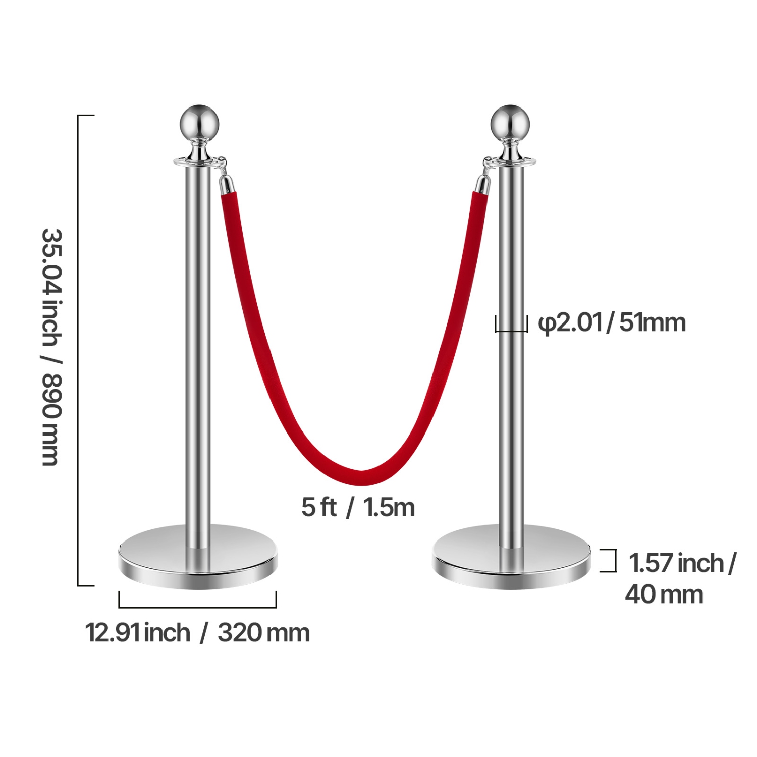 VEVOR 8 Pcs Stanchion Post, Crowd Control Barrier Set with 4 Red Velvet Ropes, 5 ft Stainless Steel Silver Stanchion Post Queue with Sand Injection