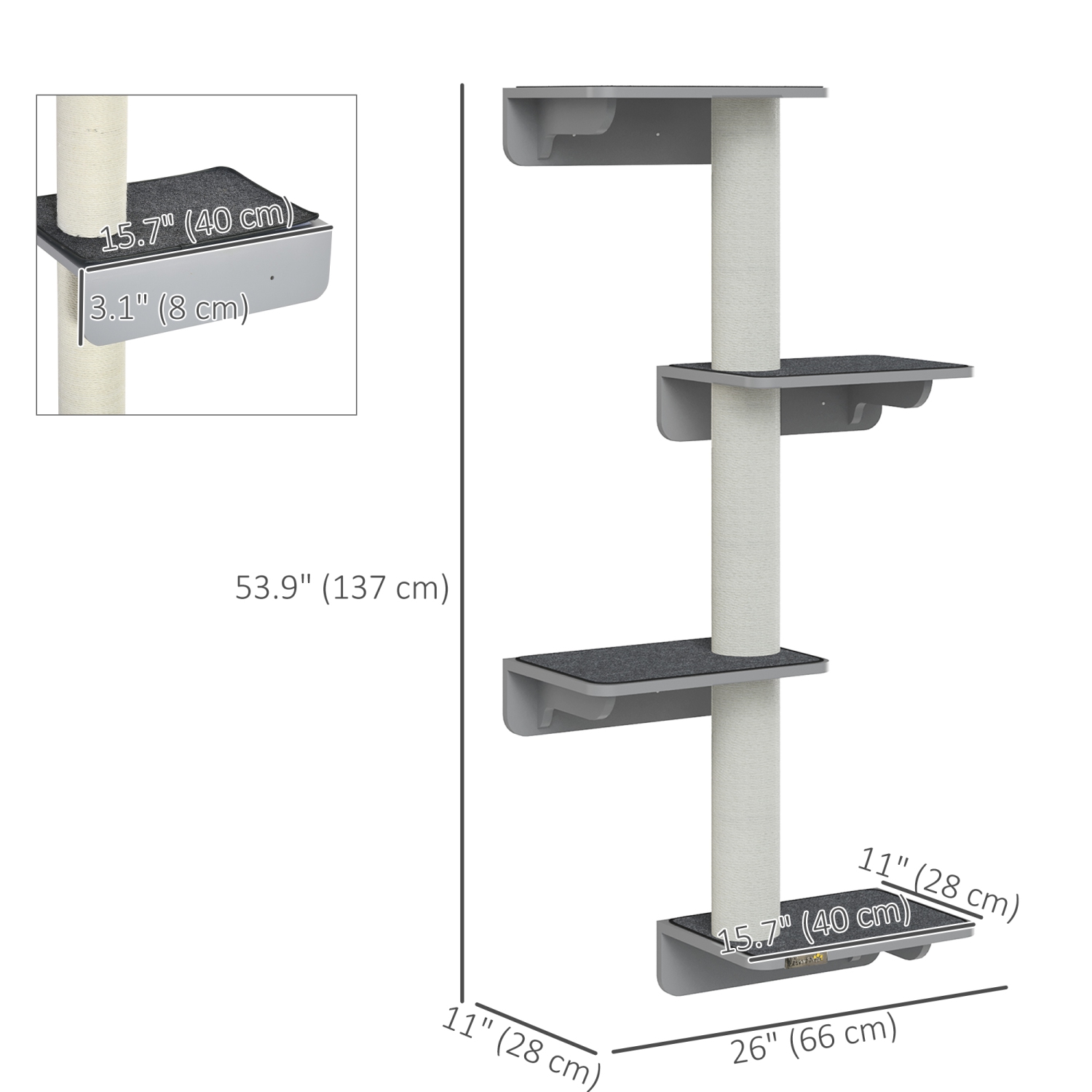 PawHut Cat Wall Climber with 4 Platforms & 3 Scratching Posts, Wall-Mounted Cat Shelf for Climbing and Lounging, Includes Soft Mats, Light Grey