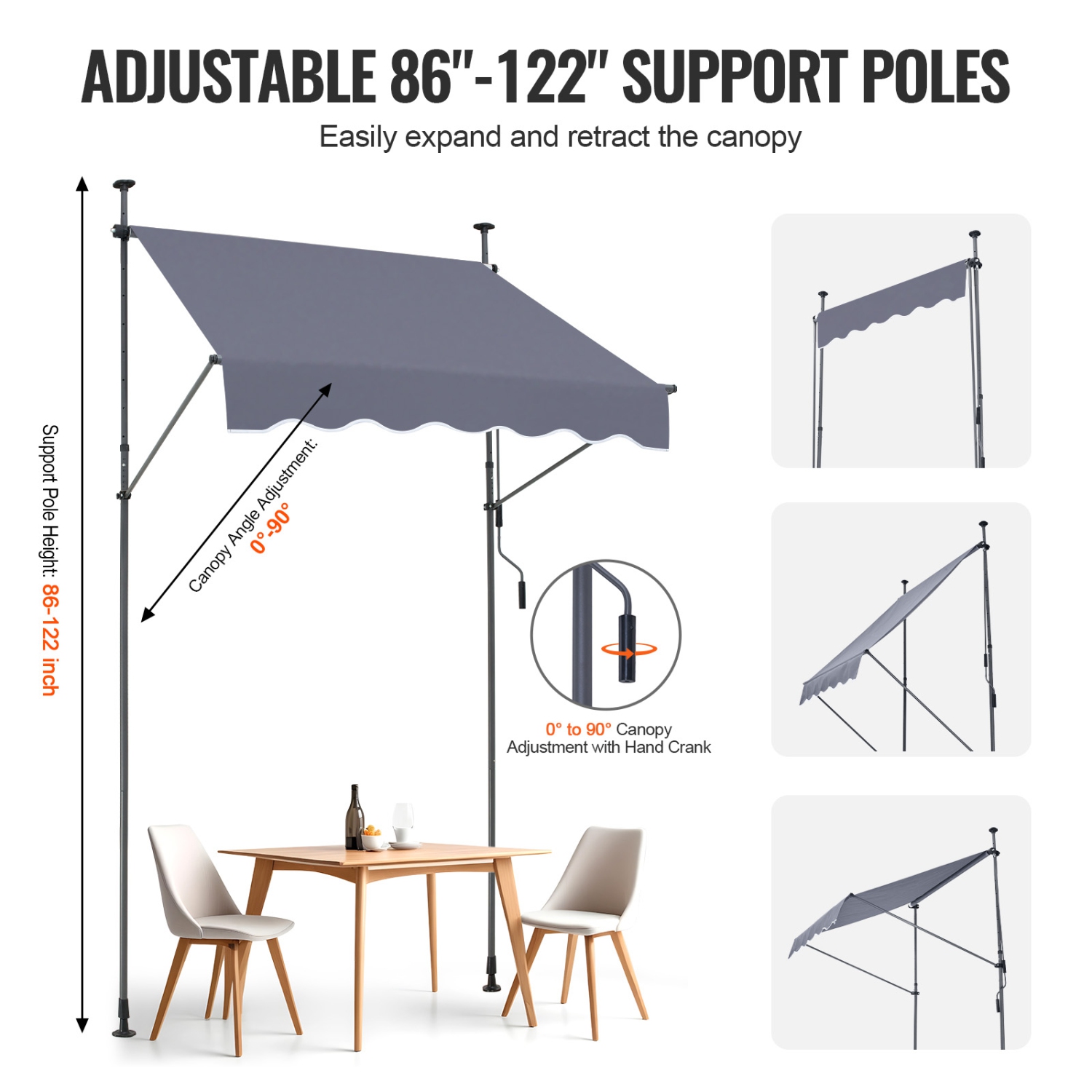 Auvent de terrasse rétractable de 59 x 47&nbsp;po VEVOR, auvent avec poignée manuelle à manivelle, terrasse pour auvent de jardin, hauteur réglable