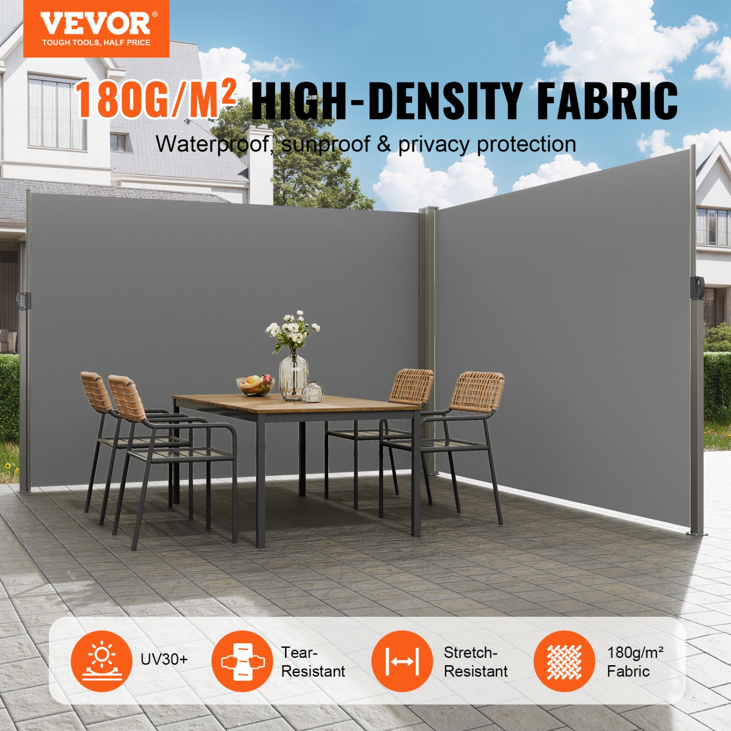 Auvent latéral rétractable VEVOR 79 x 236&nbsp;po, écran d'intimité extérieur, écran de terrasse rétractable en polyester 180&nbsp;g étanche, écran