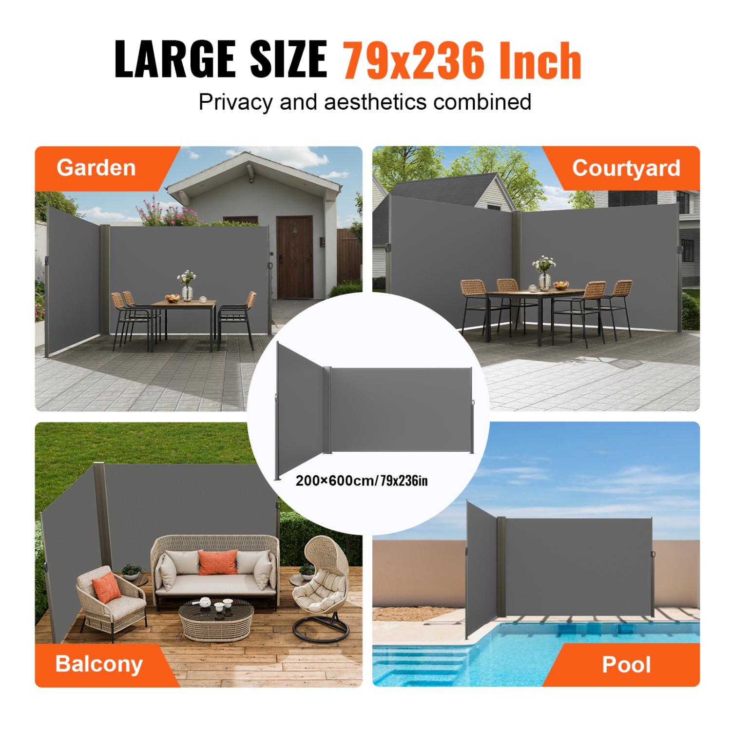 Auvent latéral rétractable VEVOR 79 x 236&nbsp;po, écran d'intimité extérieur, écran de terrasse rétractable en polyester 180&nbsp;g étanche, écran