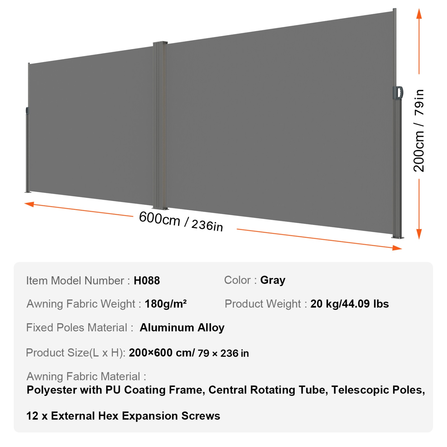 Auvent latéral rétractable VEVOR 79 x 236&nbsp;po, écran d'intimité extérieur, écran de terrasse rétractable en polyester 180&nbsp;g étanche, écran