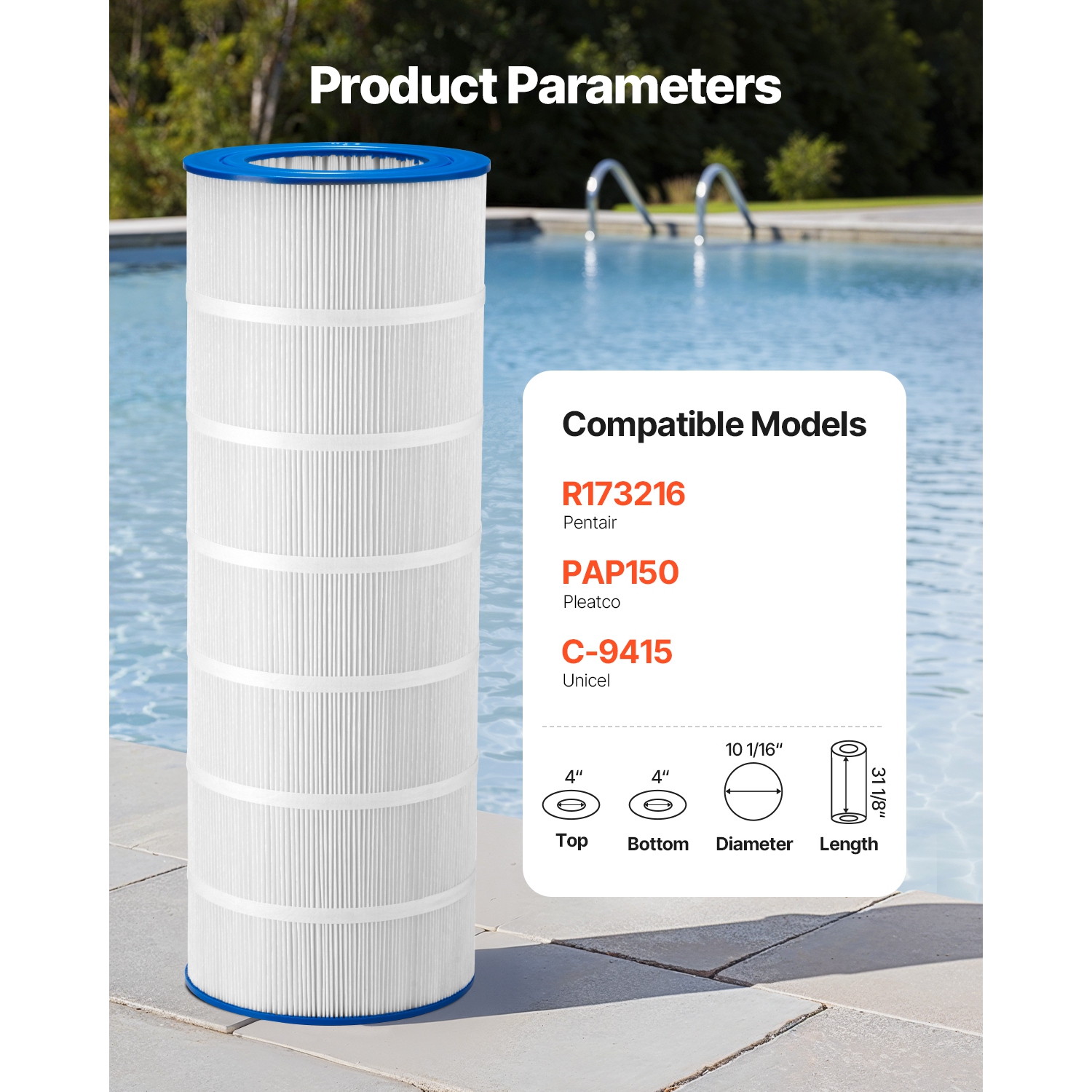 VEVOR 150 Sq. Ft Pool Filter Cartridge, Spa Hot Tub Filter Cartridge Replacement, Compatible with Pentair R173216, Pleatco PAP150, Secure for Kids &