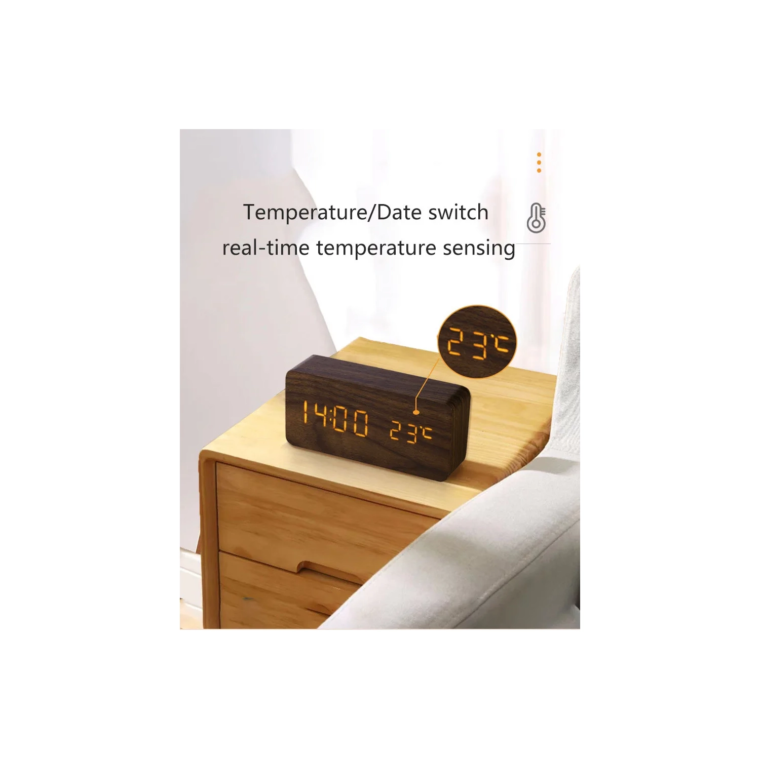 Horloge en bois silencieuse rechargeable, réveil numérique en bois triple alarme, réveil LED multifonction avec affichage de l'heure, de la date et