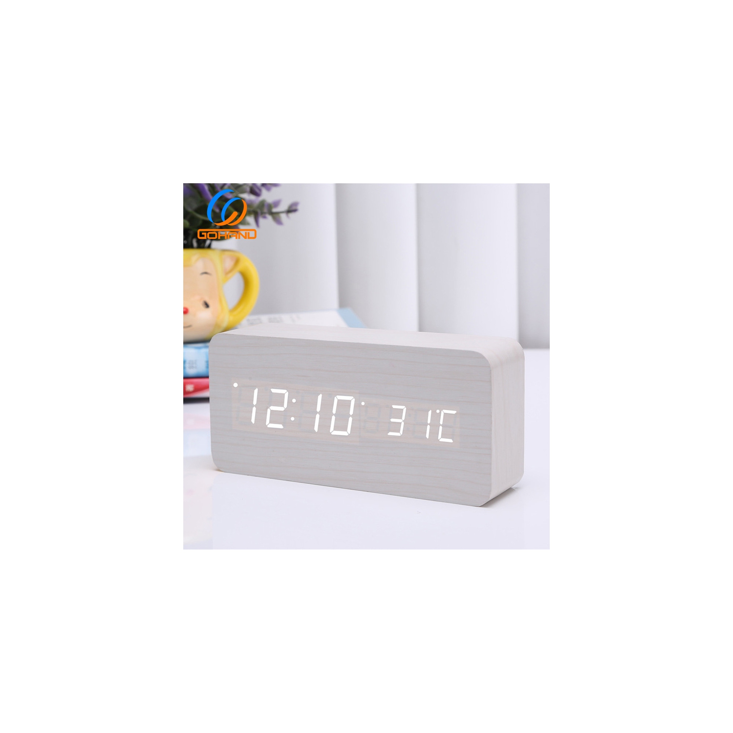 Rechargeable silent wooden clock, wooden digital clock triple alarm clock, multi-function LED alarm clock with time/date/temperature display -White