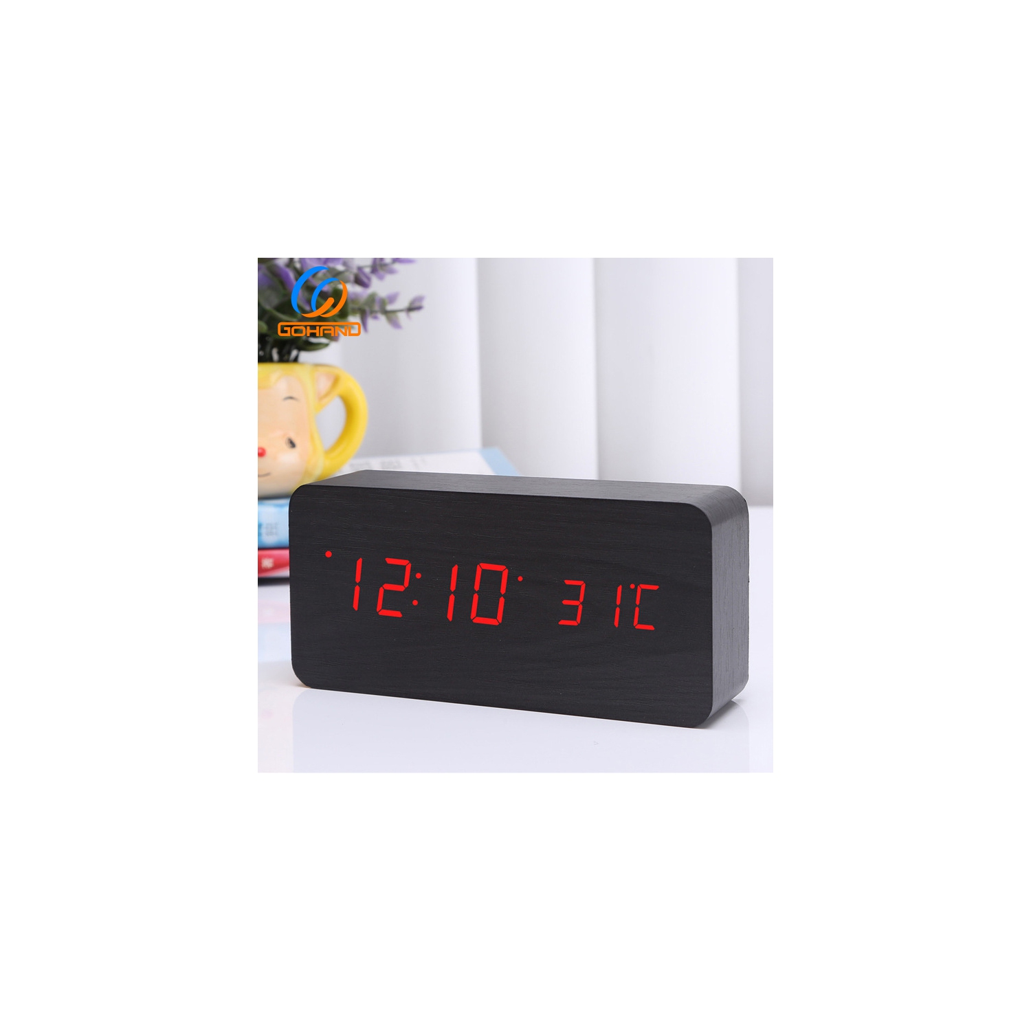 Horloge silencieuse rechargeable en bois, horloge numérique triple alarme en bois, alarme LED multifonction avec affichage heure/date/température -