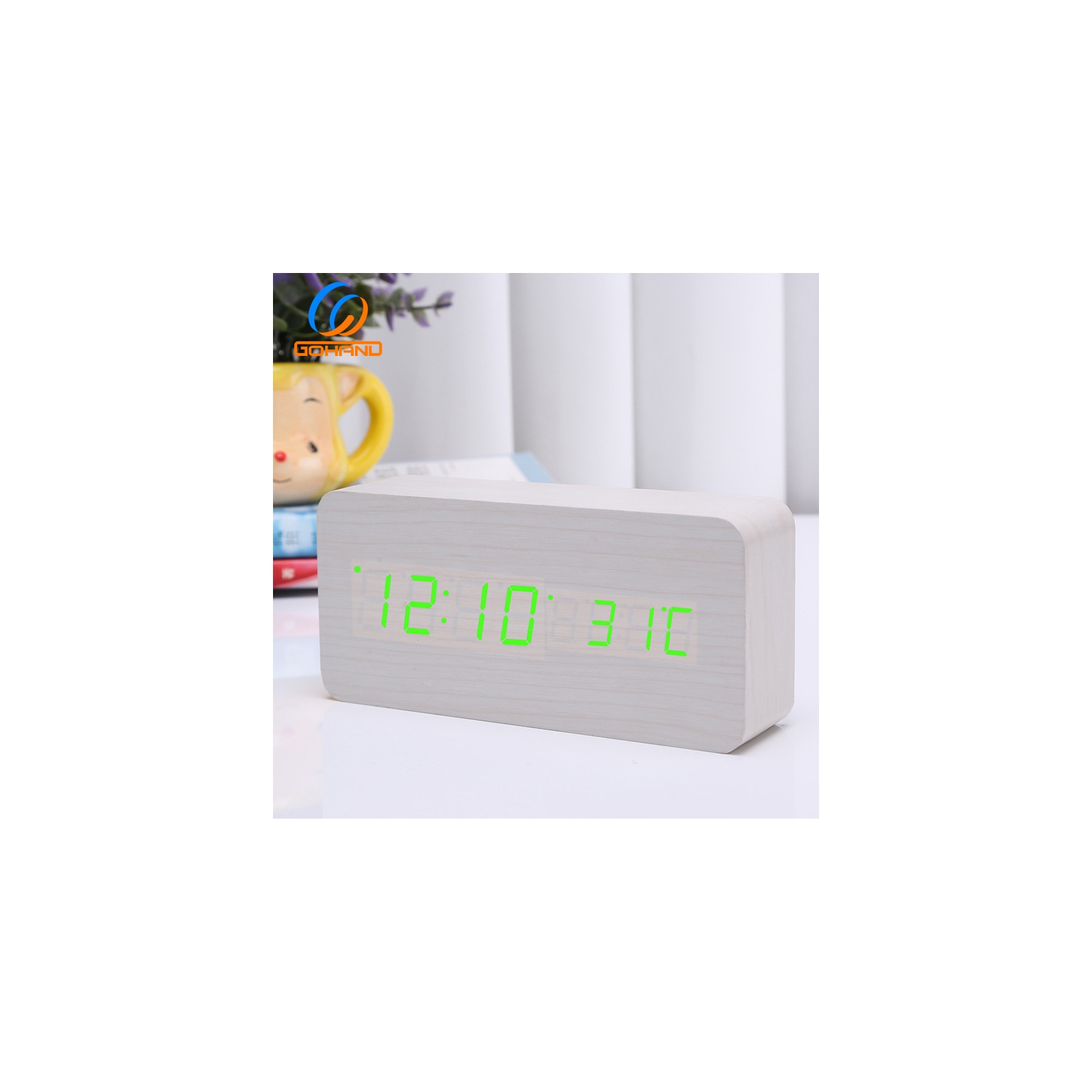 Rechargeable silent wooden clock, wooden digital clock triple alarm clock, multi-function LED alarm clock with time/date/temperature display -White