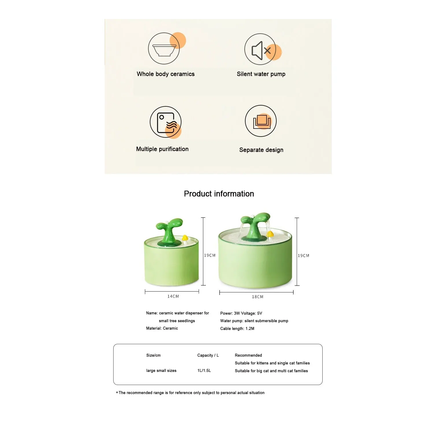 Cat automatic drinking fountain ceramic water dispenser filter flow circulation cat dog drinking water electric pet supplies - green sapling