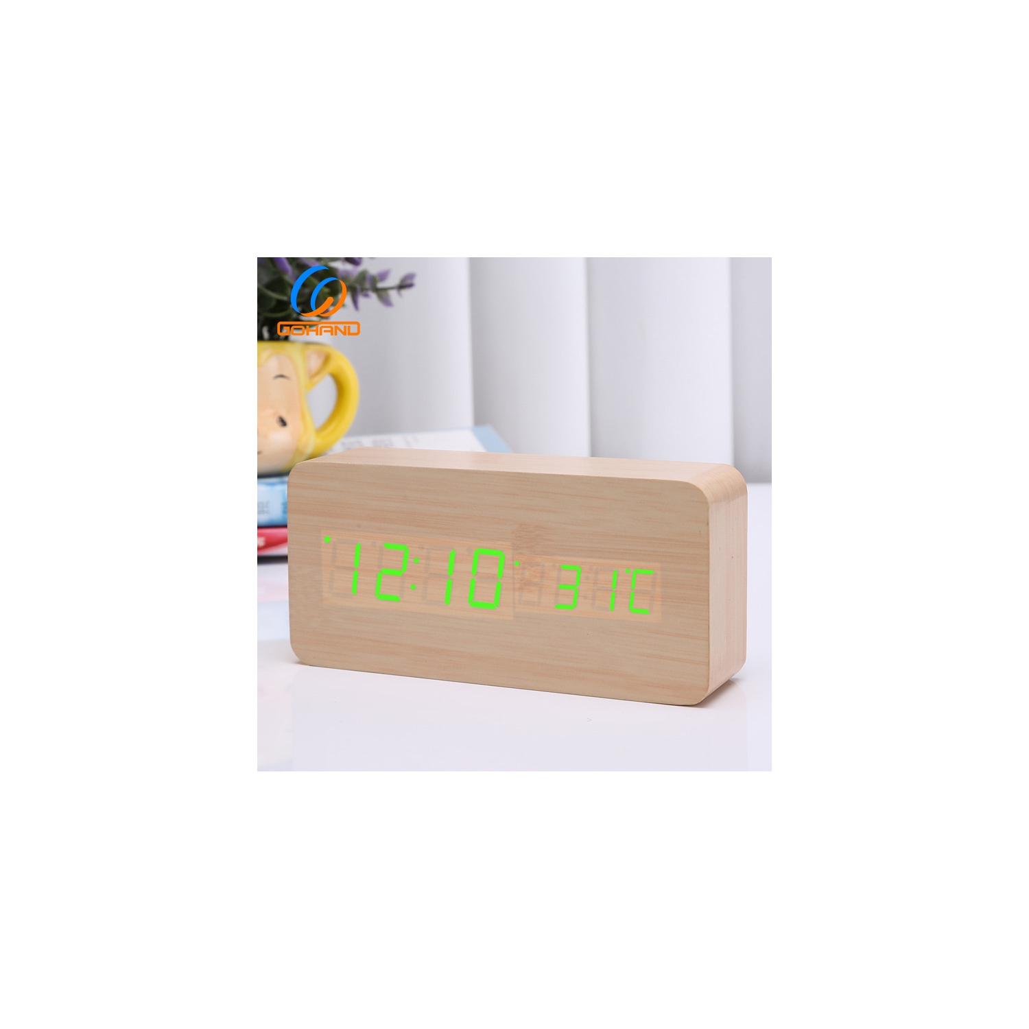 Rechargeable silent wooden clock, wooden digital clock triple alarm clock, multi-function LED alarm clock with time/date/temperature display -Bamboo