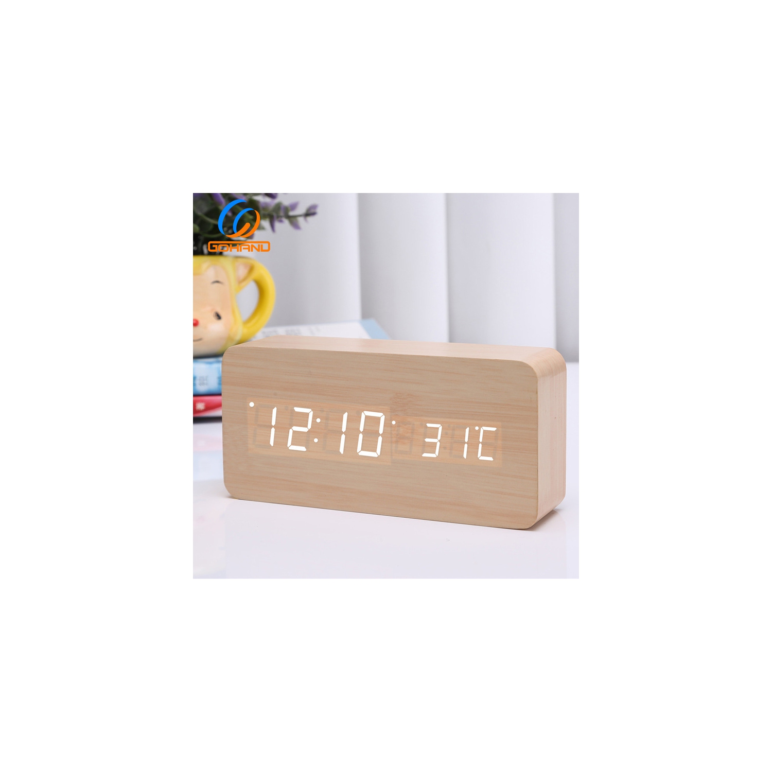 Rechargeable silent wooden clock, wooden digital clock triple alarm clock, multi-function LED alarm clock with time/date/temperature display -Bamboo