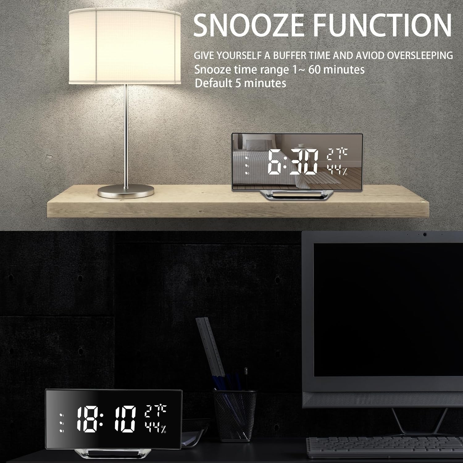 Écran incurvé LED Réveil-matin électronique température et humidité horloge d'accueil horloge numérique luminosité trois vitesses personnalité de