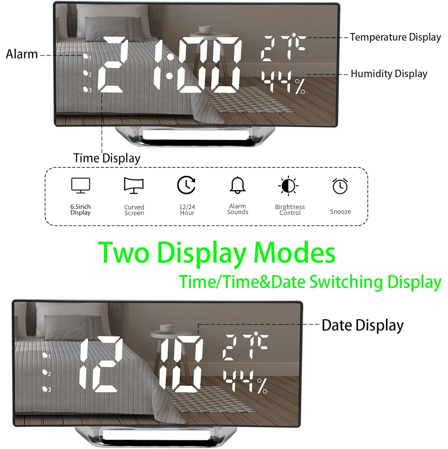 Écran incurvé LED Réveil-matin électronique température et humidité horloge d'accueil horloge numérique luminosité trois vitesses personnalité de