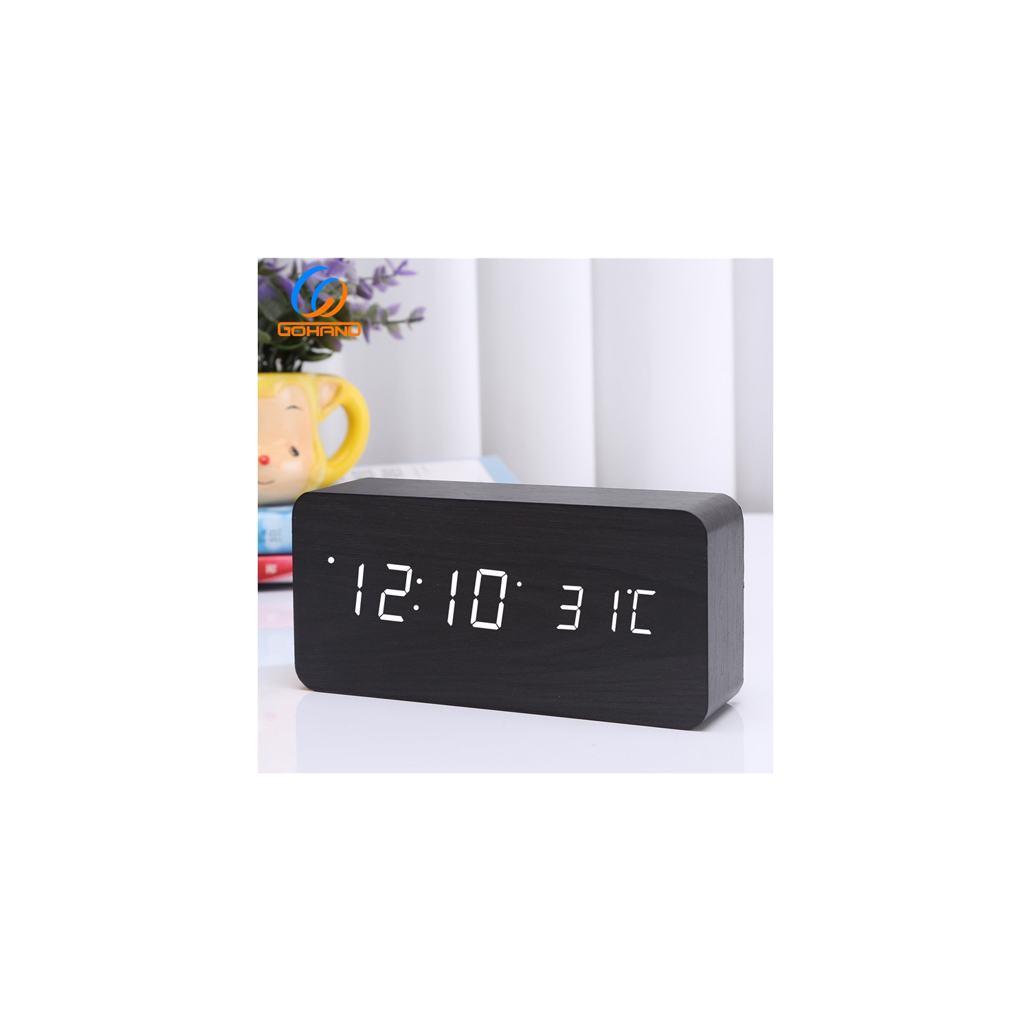 Horloge silencieuse rechargeable en bois, horloge numérique triple alarme en bois, alarme LED multifonction avec affichage de l'heure, de la date et