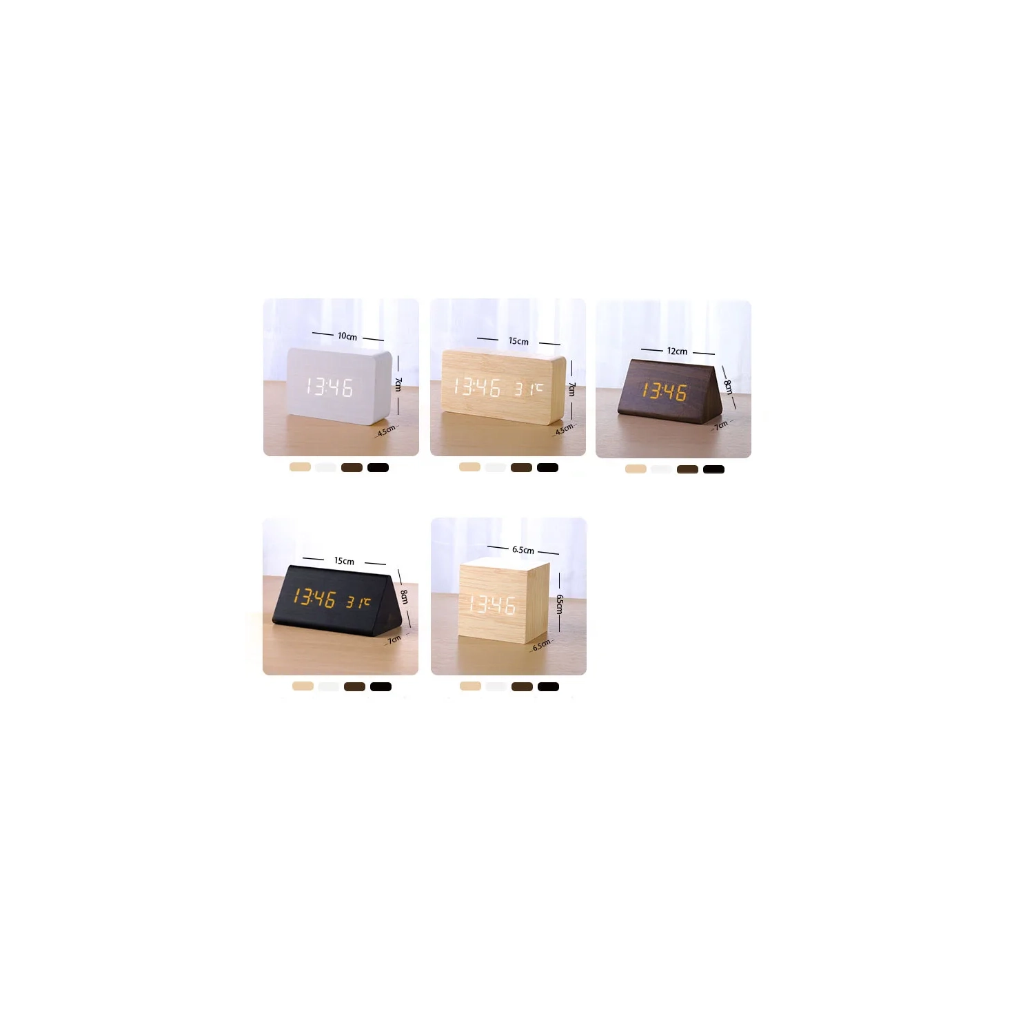 Horloge silencieuse rechargeable en bois, horloge numérique triple alarme en bois, alarme LED multifonction avec affichage de l'heure, de la date et