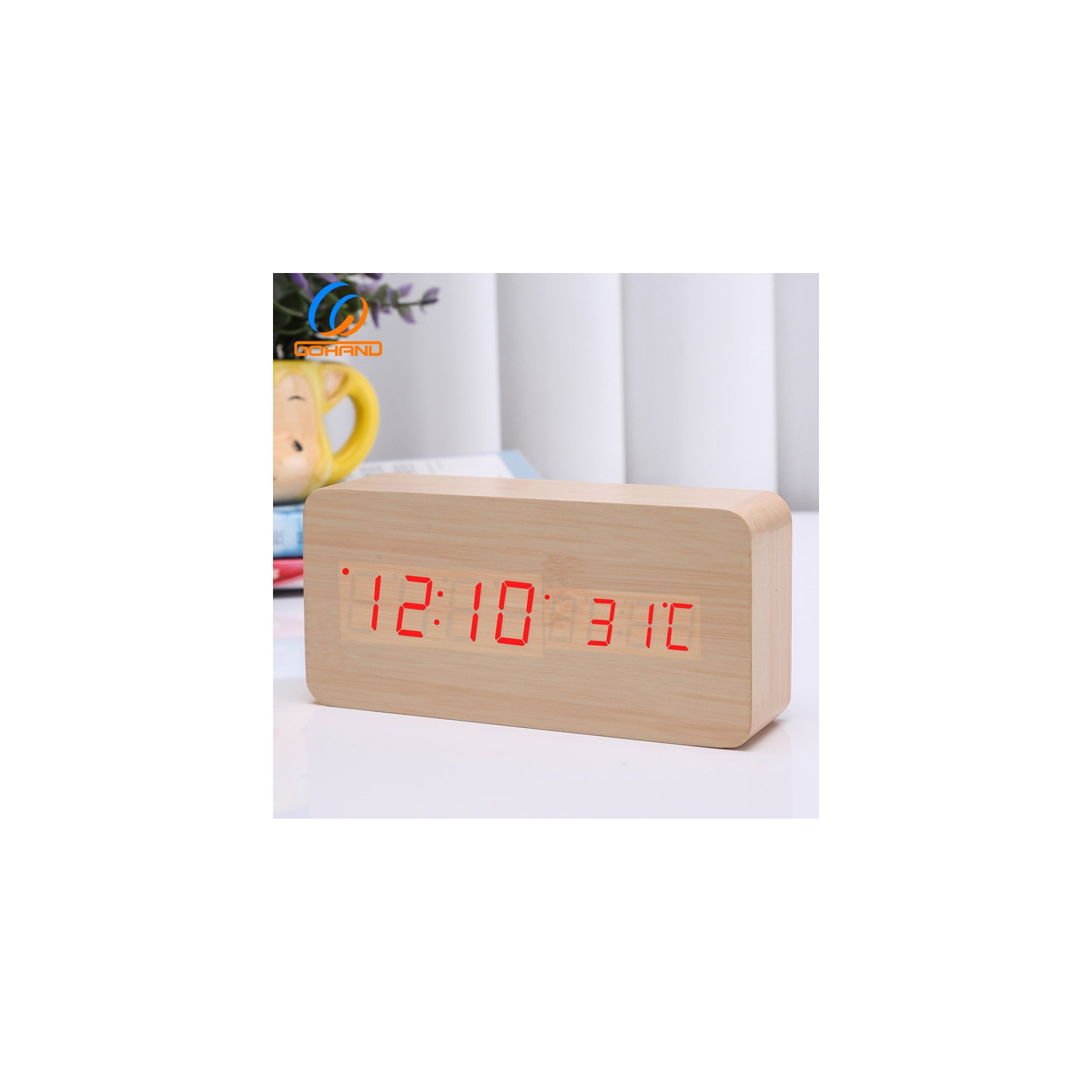 Rechargeable silent wooden clock, wooden digital clock triple alarm clock, multi-function LED alarm clock with time/date/temperature display -Bamboo