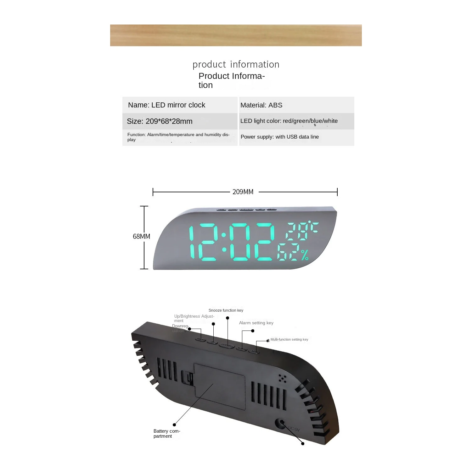 Desktop bedroom alarm clock geometric shape LED mirror electronic clock snooze digital temperature and humidity student alarm clock LED mirror