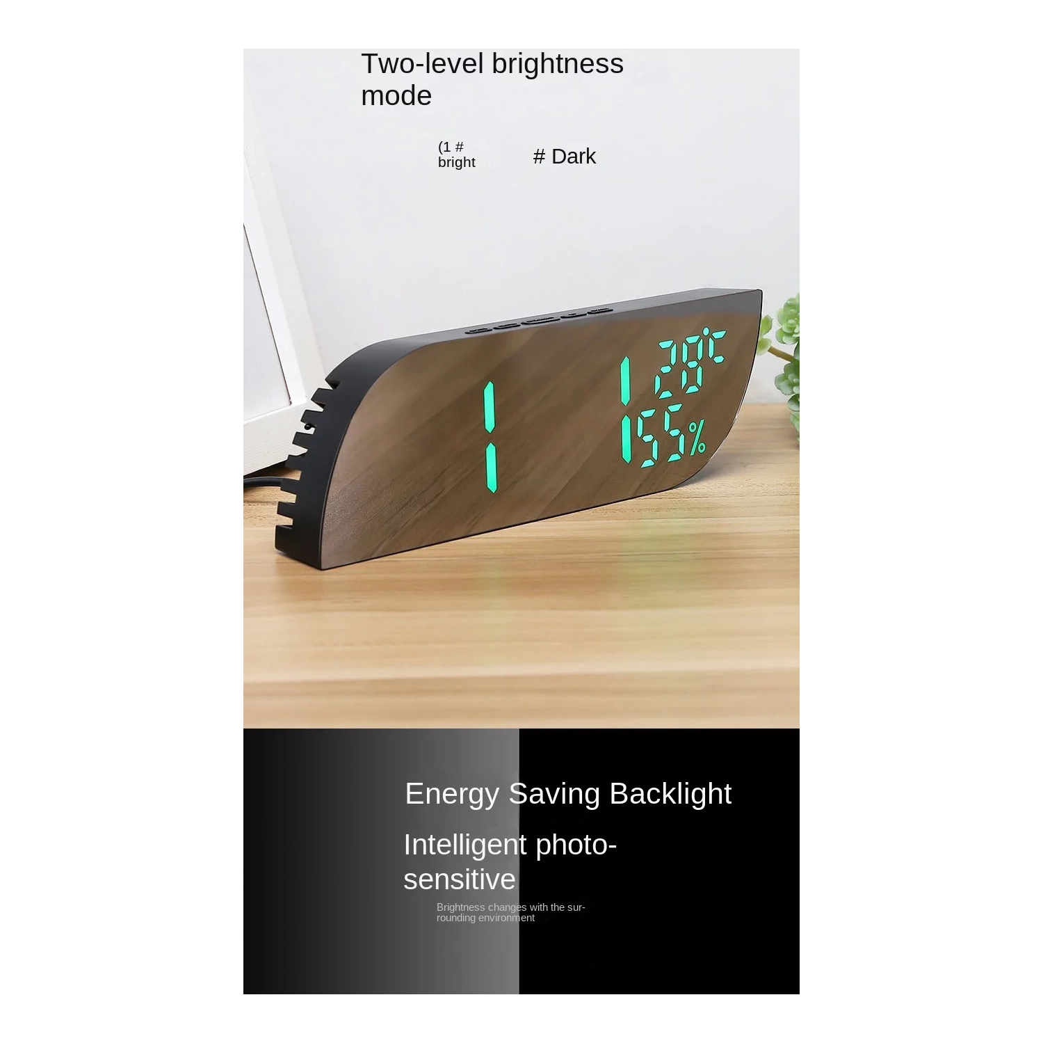 Desktop bedroom alarm clock geometric shape LED mirror electronic clock snooze digital temperature and humidity student alarm clock LED mirror