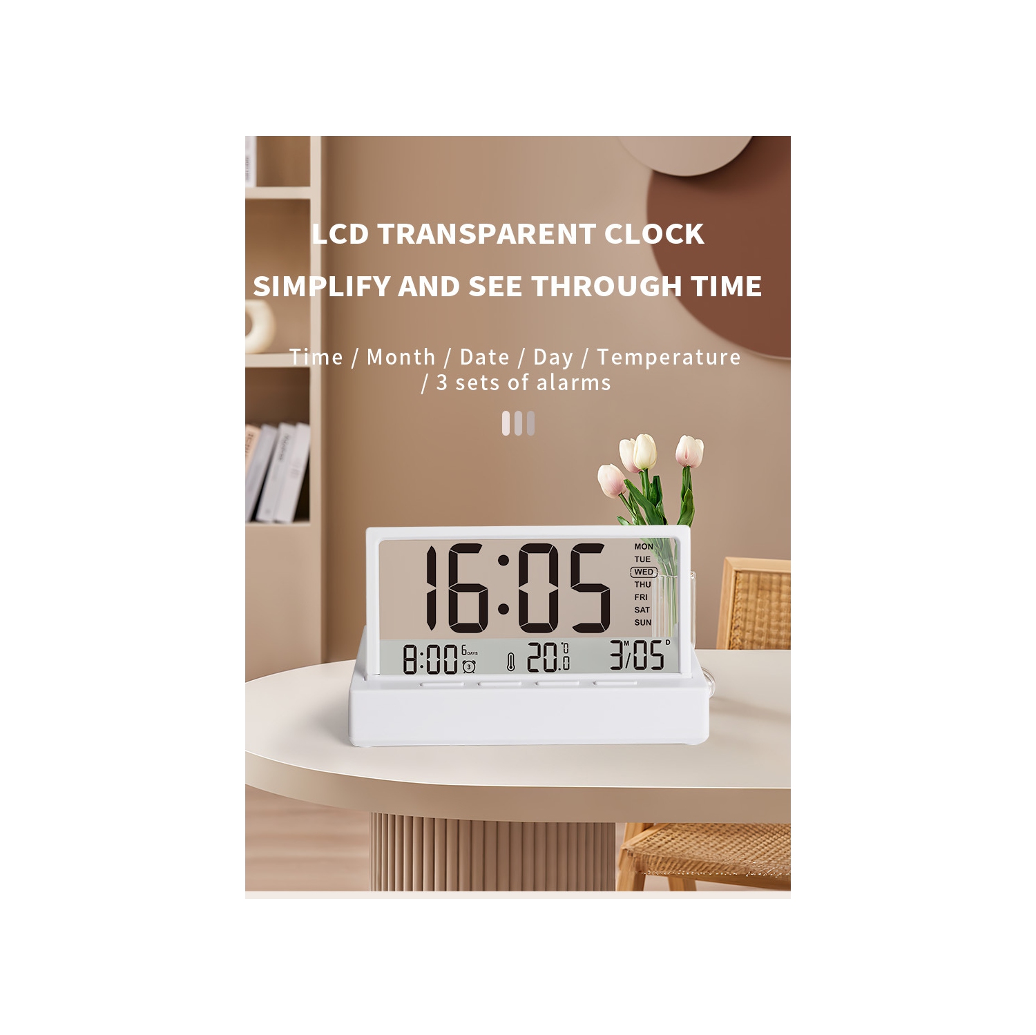 New LCD folding alarm clock desktop multi-function temperature large screen display simple transparent electronic clock with transparent temperature,